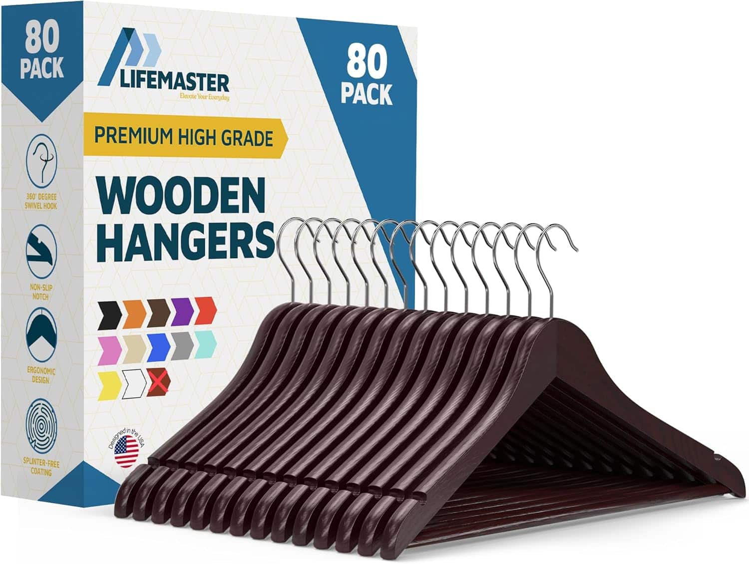 Photos - Dresser / Chests of Drawers Cherry Lifemaster - Wooden Clothes Hangers – 80-Pack, 360° Swivel Hook, Non-Slip Notch, Pants Bar, Holds 10 lbs, for Suits, Coats & 