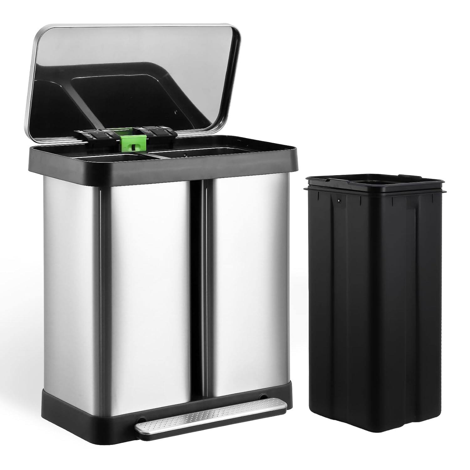 Acekool - Stainless Steel Waste Bin 8 + 9.5 Gal Trash Can Dual Garbage Can and Recycle Bin for Bathroom Bedroom Kitchen