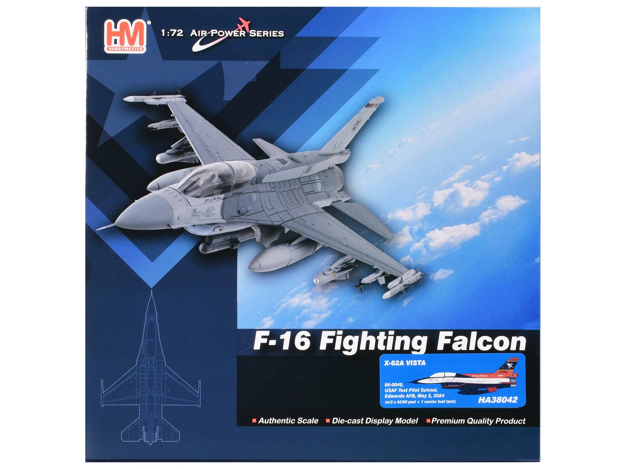 HM 1:72 AIR POWER SERIES HOBBYMASTER F-16 Fighting Falcon X-62A VISTA COME 86-0048, USAF Test Pilot School, Edwards AFB, May 2024 (1 center fuel tank) A38042 Authentic Scale Die-cast Display Model Premium Quality Product