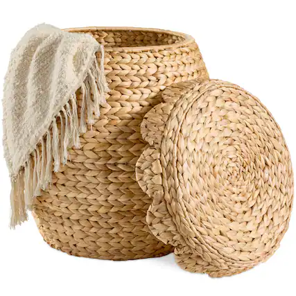 Front. Best Choice Products - Best Choice Products Scalloped Water Hyacinth Storage Tote Basketwith Lid - Natural - Scallop, Natural.