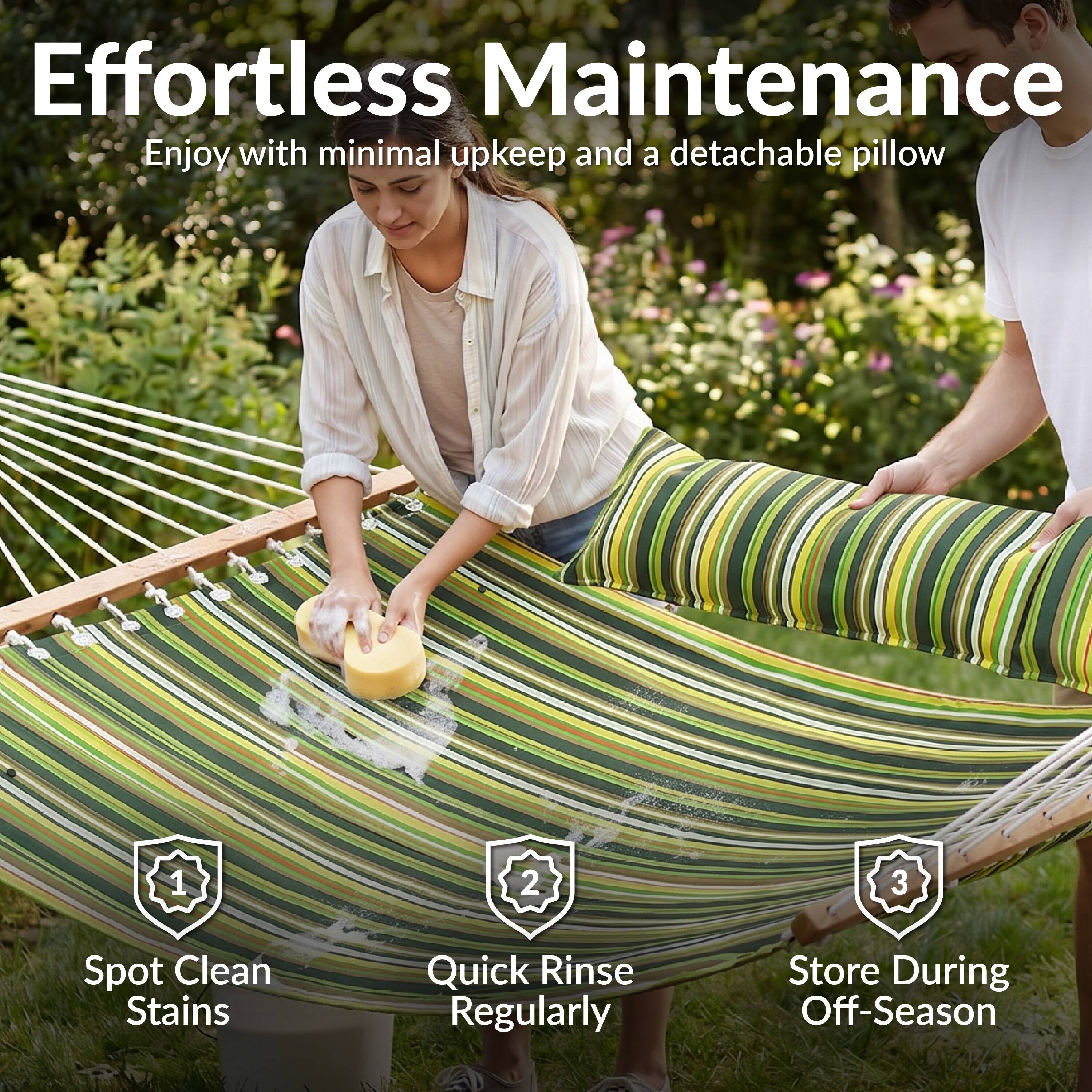Effortless Maintenance  
Enjoy with minimal upkeep and a detachable pillow

1. Spot Clean Stains  
2. Quick Rinse Regularly  
3. Store During Off-Season