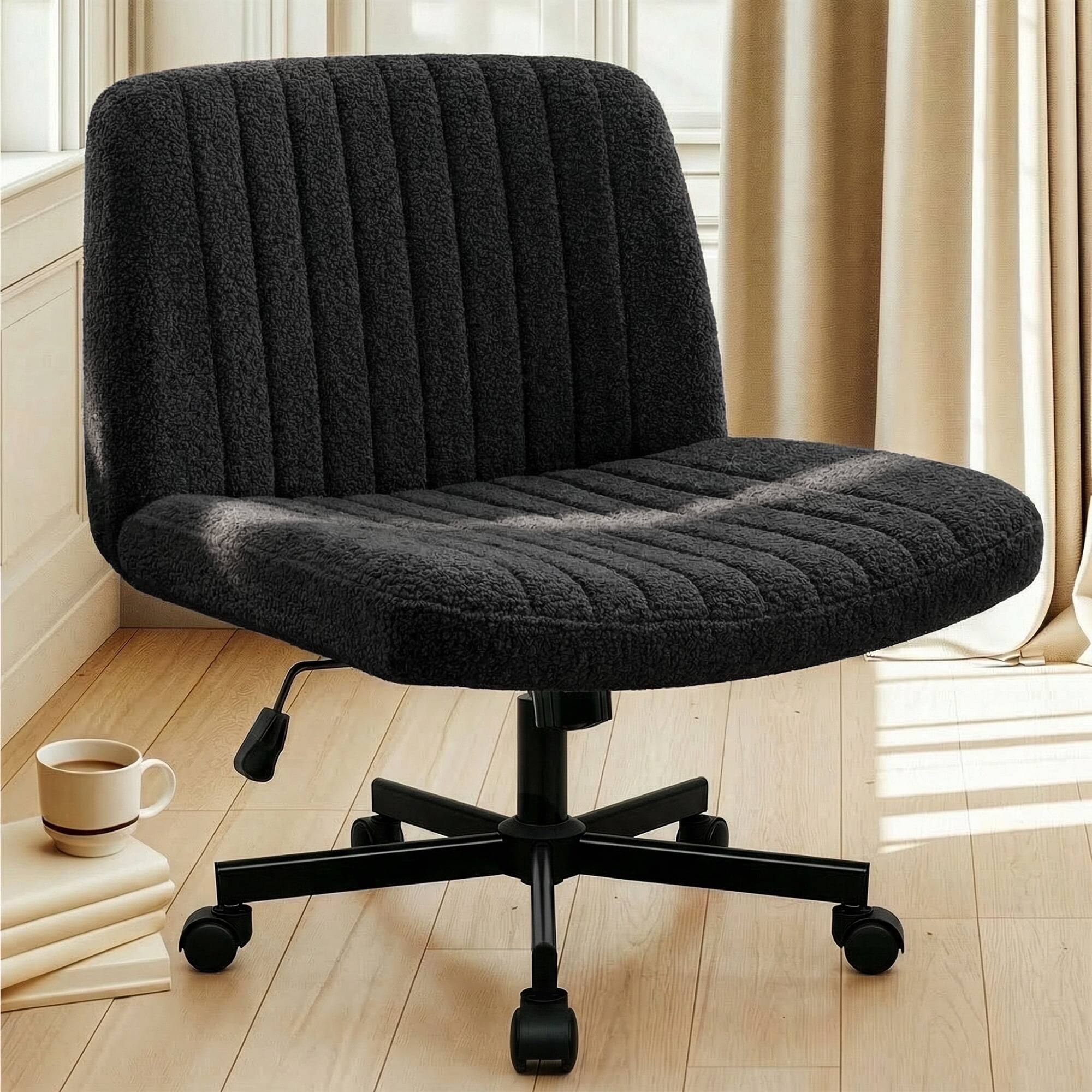 Angle. Neo Chair - Criss Cross Chair with Wheels, Teddy Fabric Armless Office Chair, Ergonomic Wide Seat Computer Desk Chair - Teddy Fabric-Black.