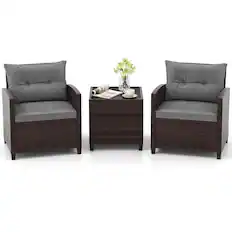 Front. Costway - 3 PCS Patio Rattan Furniture Set Cushioned Conversation Set Sofa - Gray.