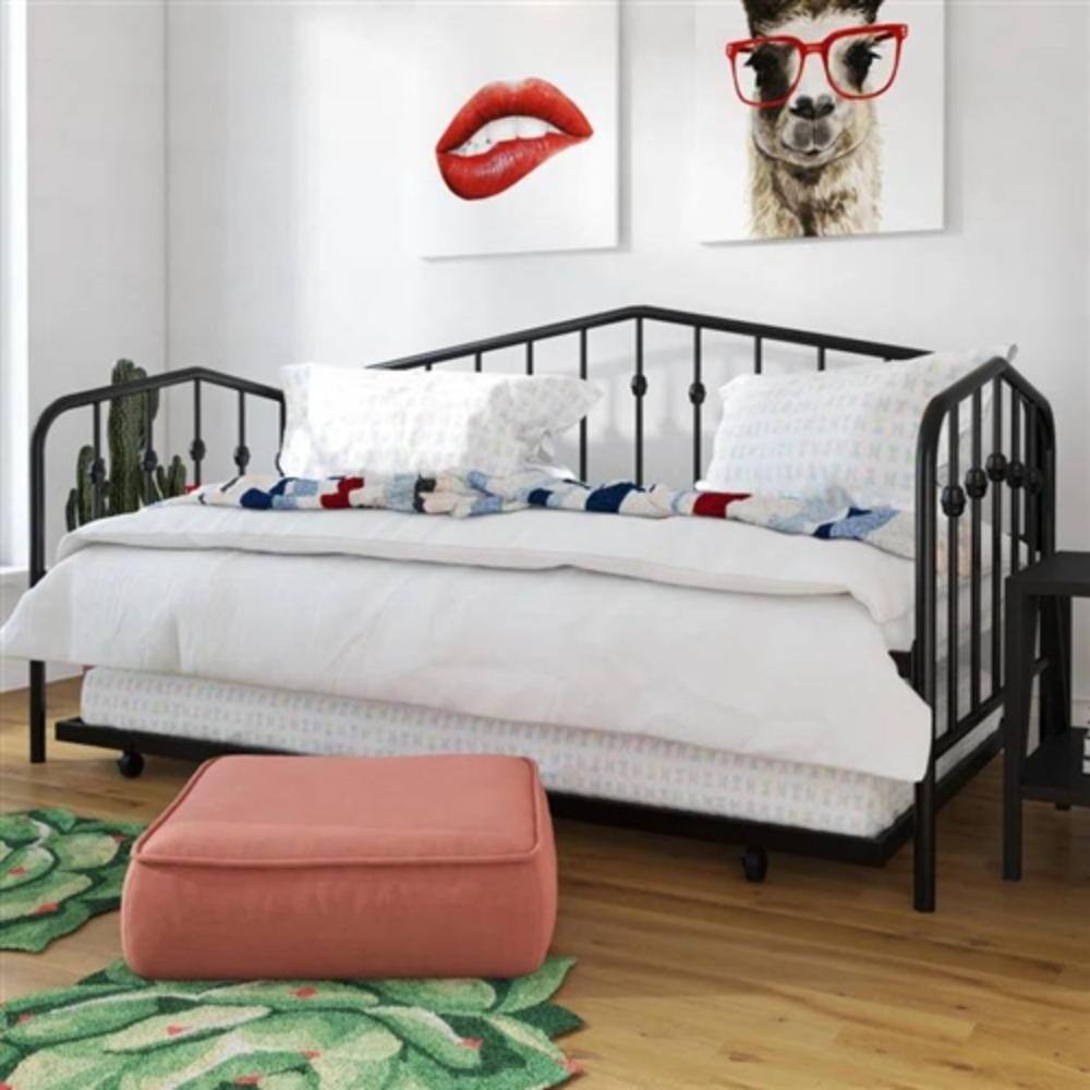 Angle. Hivvago - Twin size Modern Industrial Black Metal Daybed with Trundle Bed Frame - Black.