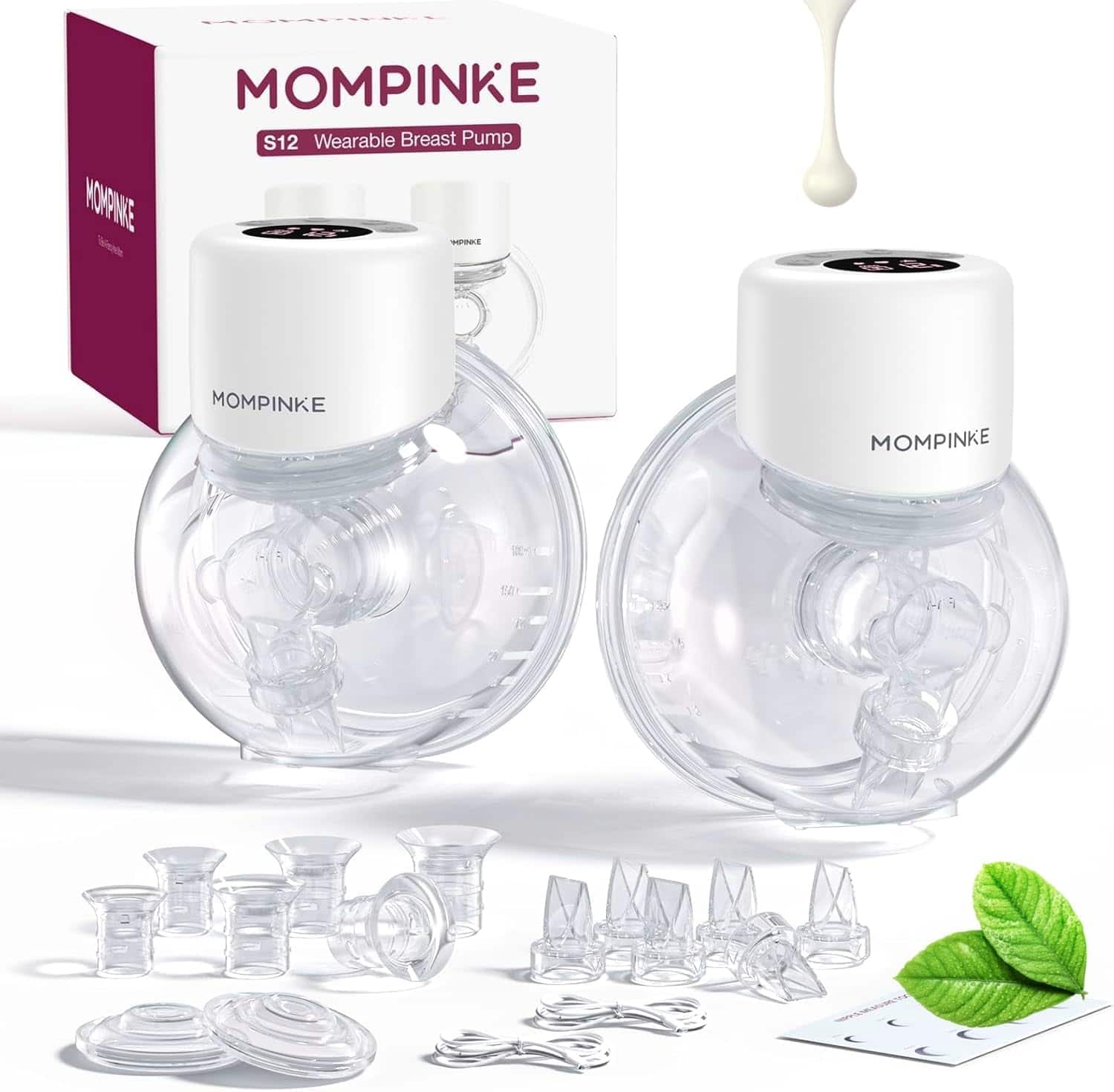 MOMPINKE - Wearable Breast Pump S12, Hands Free Wearable Breastfeeding Pump with Adjustable Suction, Electric Portable Wireless Bre - White