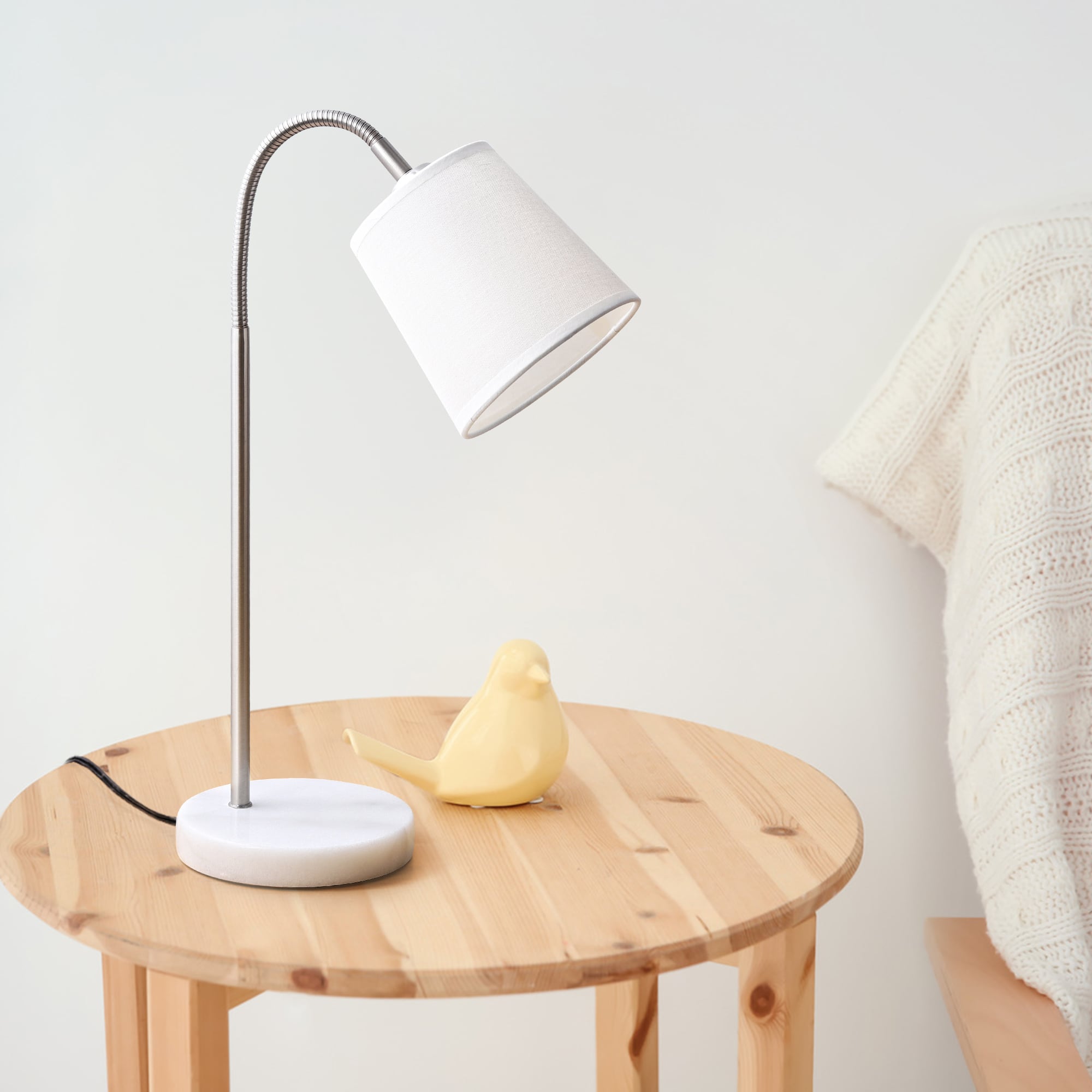 Oumilen - Modern Gooseneck Desk Lamp with Marble Base Adjustable Arm & White Fabric Shade, E26 Socket, UL Plug for Bedroom, Office