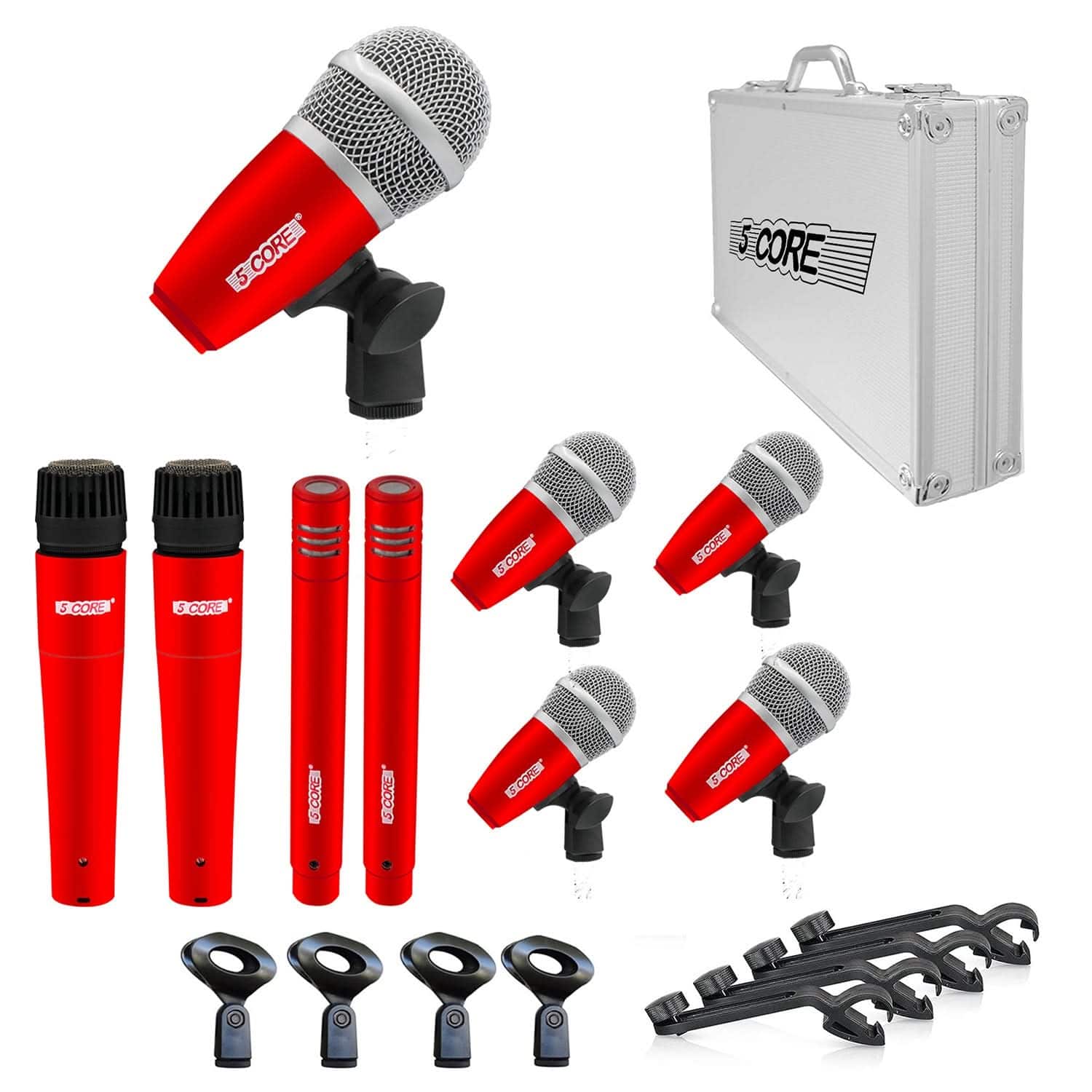 5 CORE - Drum Mic Kit 9 Pcs Kick Bass Tom Snare Dynamic Microphone Instrument Mics Set - Red