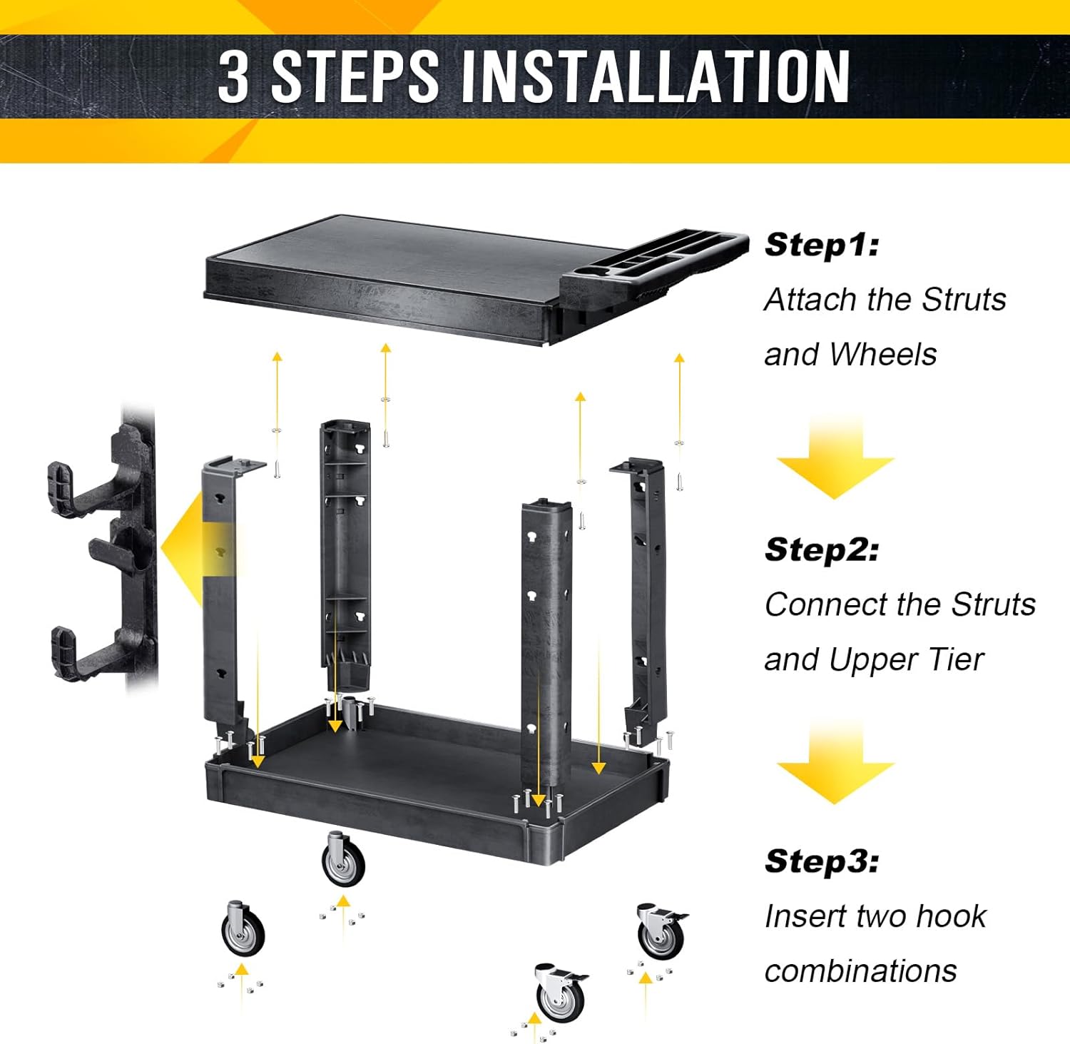 3 STEPS INSTALLATION

Step 1: Attach the Struts and Wheels
Step 2: Connect the Struts and Upper Tier
Step 3: Insert two hook combinations
