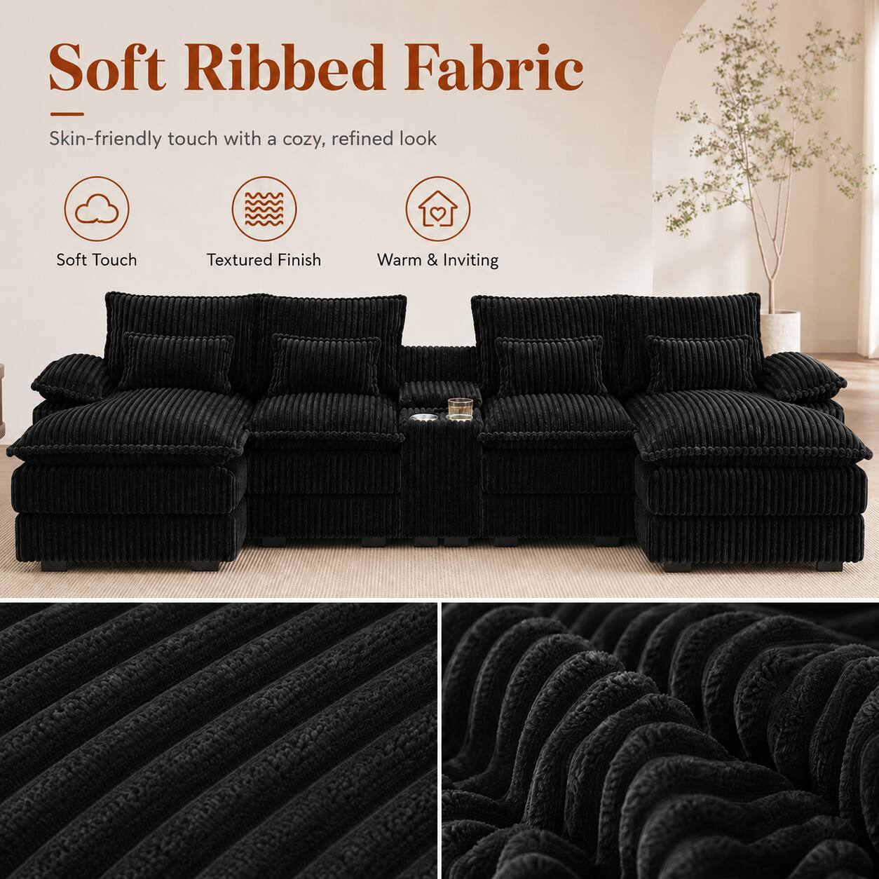Soft Ribbed Fabric  
Skin-friendly touch with a cozy, refined look  

Soft Touch  
Textured Finish  
Warm & Inviting