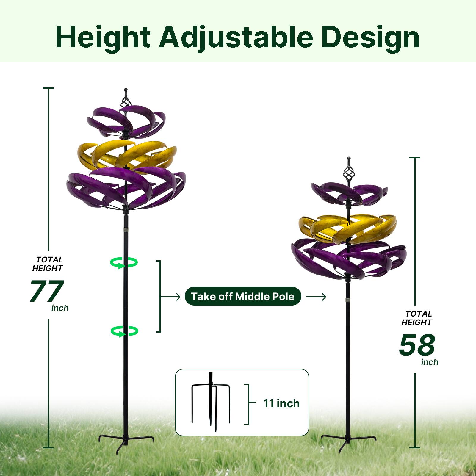 Height Adjustable Design

- TOTAL HEIGHT: 77 inch
- Take off Middle Pole
- TOTAL HEIGHT: 58 inch
- 11 inch