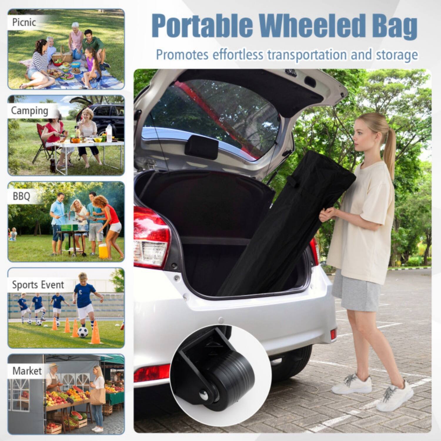 Portable Wheeled Bag  
Promotes effortless transportation and storage  

- Picnic  
- Camping  
- BBQ  
- Sports Event  
- Market