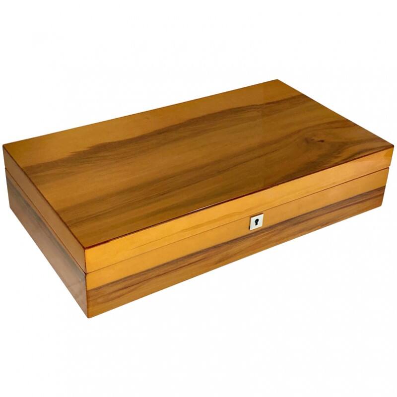 Left. Prestige - Winchester Solid Wood humidor - High Lacquer Authentic Apple Wood Exterior Finish.
