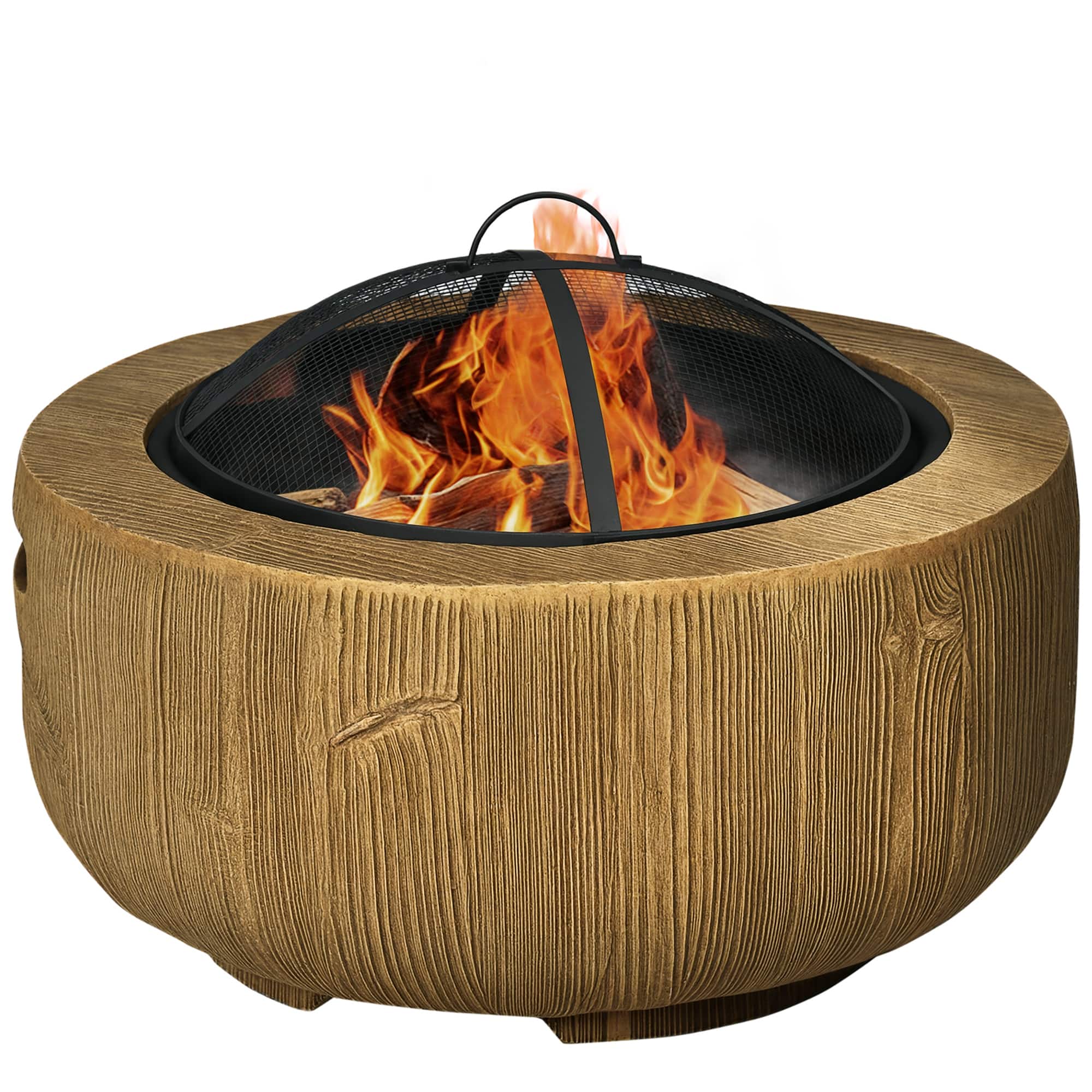 Outsunny - Fire Pit, 24 Inch Metal Wood Burning Fireplace with Spark Cover, Poker, Woodgrain Design - Brown