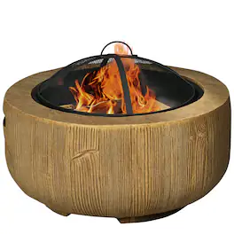Outsunny - Fire Pit, 24 Inch Metal Wood Burning Fireplace with Spark Cover, Poker, Woodgrain Design - Brown