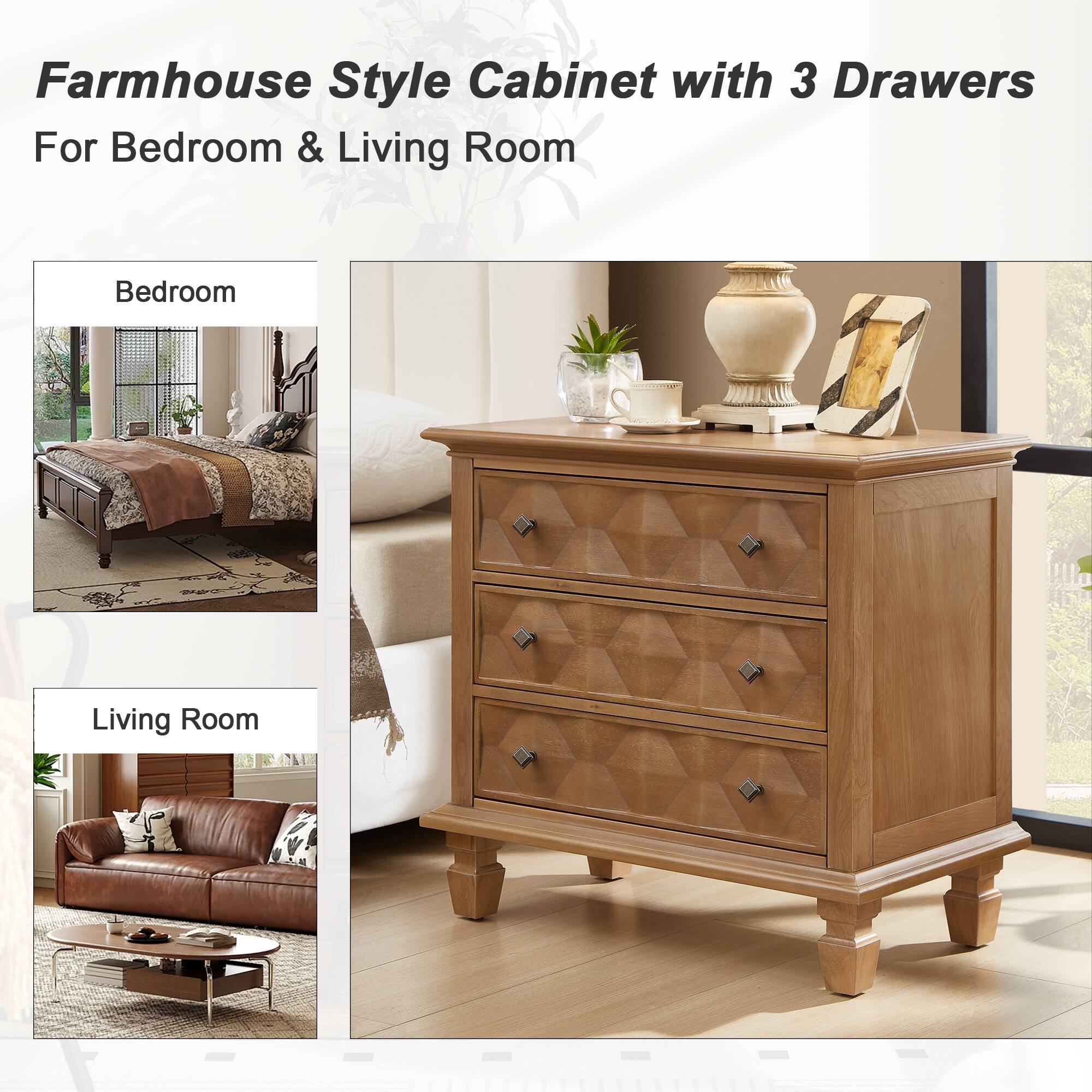 Farmhouse Style Cabinet with 3 Drawers  
For Bedroom & Living Room
