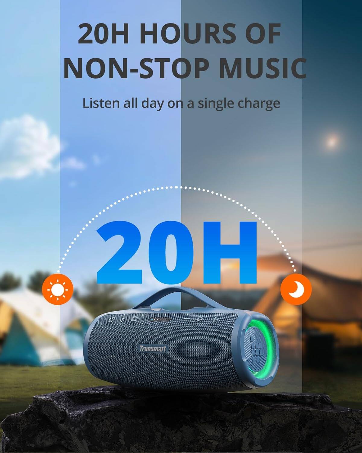 20 Hours of Non-Stop Music: Listen all day on a single charge.