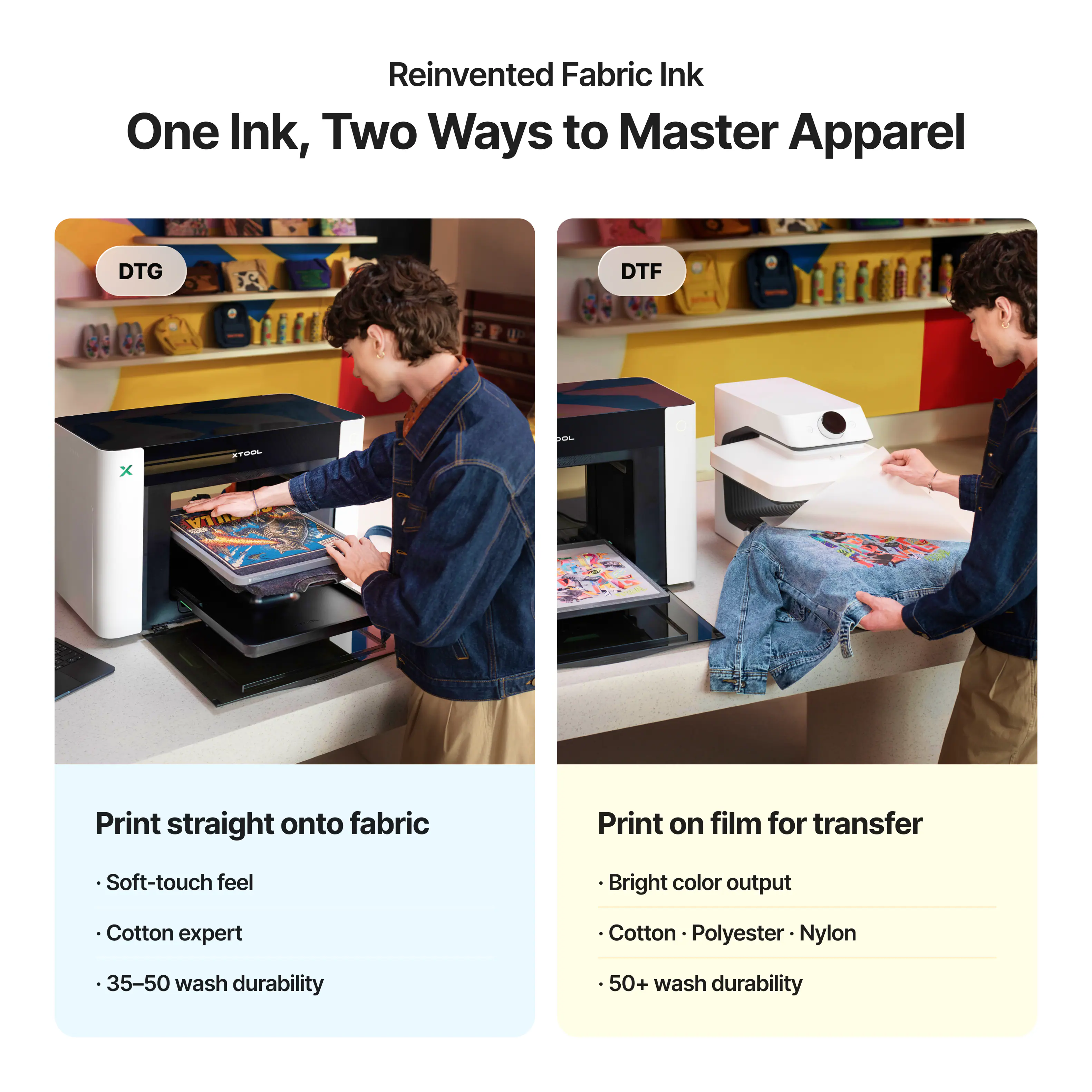 Reinvented Fabric Ink  
One Ink, Two Ways to Master Apparel

DTG  
DTF  
XTOOL  
DOL

Print straight onto fabric  
- Soft-touch feel  
- Cotton expert  
- 35-50 wash durability

Print on film for transfer  
- Bright color output  
- Cotton • Polyester • Nylon  
- 50+ wash durability