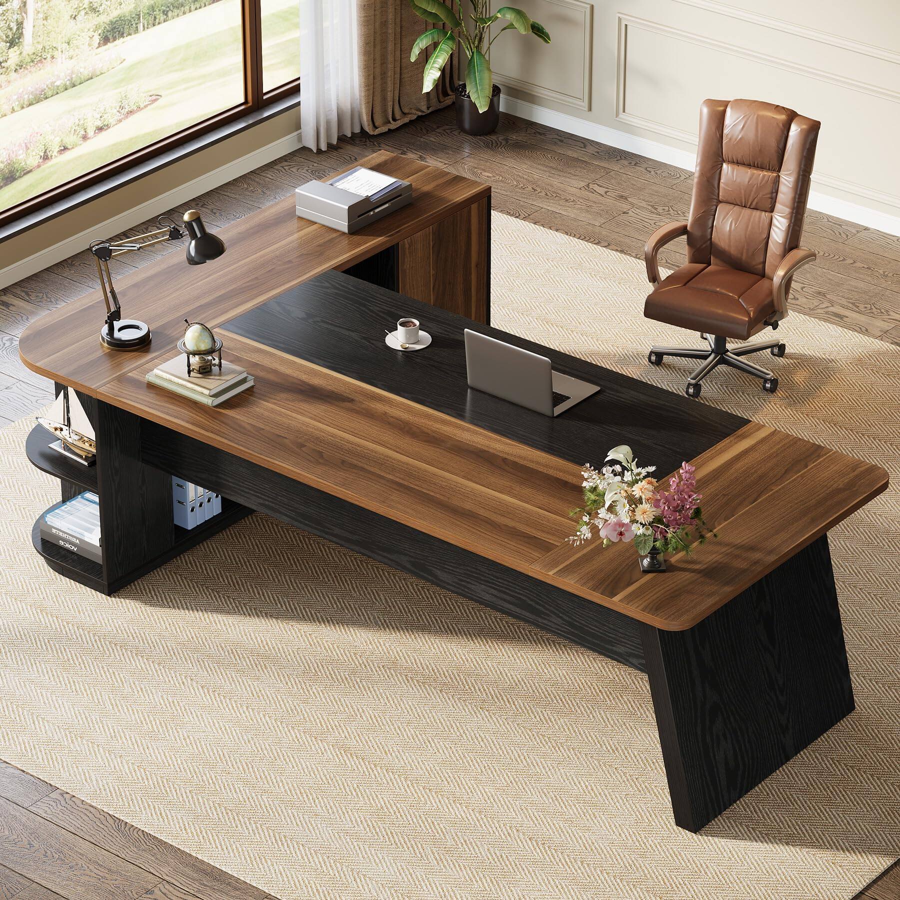 Back. Tribesigns - 79" Executive Desk, Large Office Desk with Cabinet, L-Shaped - Brown.