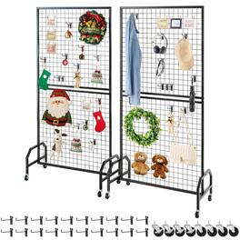 VEVOR - 2 Packs Grid Wall Panels, 2.9 x 5.9 ft Wire Grid Panels Display Rack, Movable Art Display Shelf with Wheels and 10 Hooks - Black