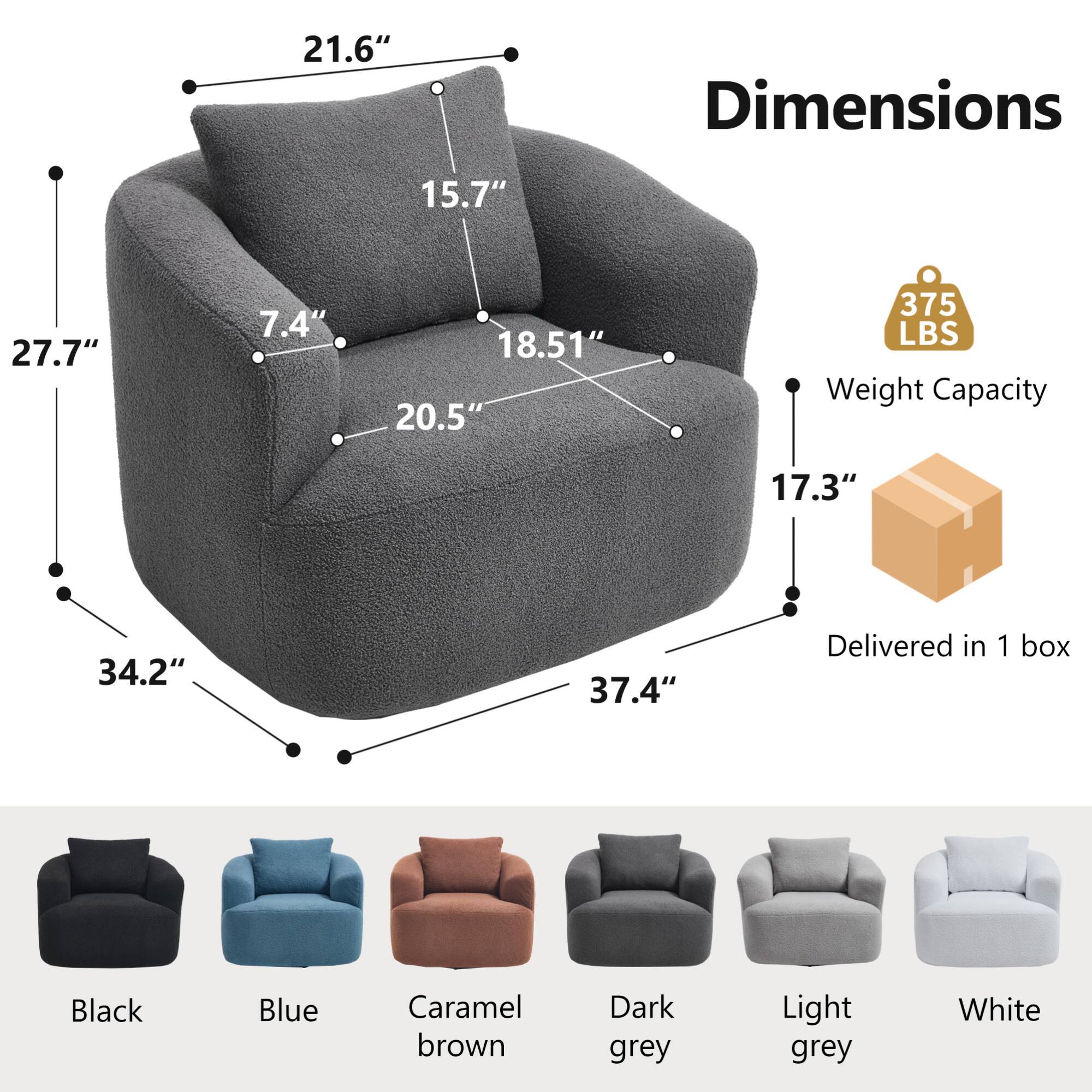 **Dimensions:**

- Height: 21.6"
- Width: 37.4"
- Depth: 34.2"
- Seat Height: 18.51"
- Seat Depth: 20.5"
- Armrest Height: 15.7"
- Back Height: 27.7"
- Armrest Width: 7.4"

**Weight Capacity:** 375 LBS

**Delivered in 1 box**

**Colors:**

- Black
- Blue
- Caramel brown
- Dark grey
- Light grey
- White