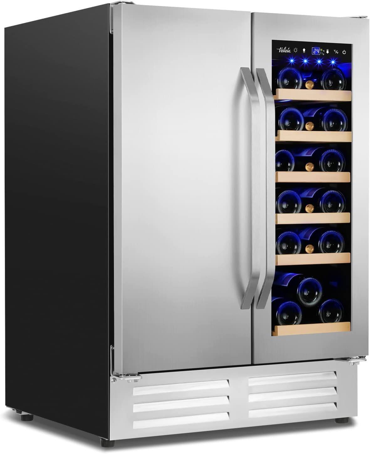 HOOURE - 24in. Dual Zone 20 Bottles and 88 Cans Capacity Wine Beverage Cooler, Built-in/Freestanding Fridge with Powerful Cool - Stainless Steel