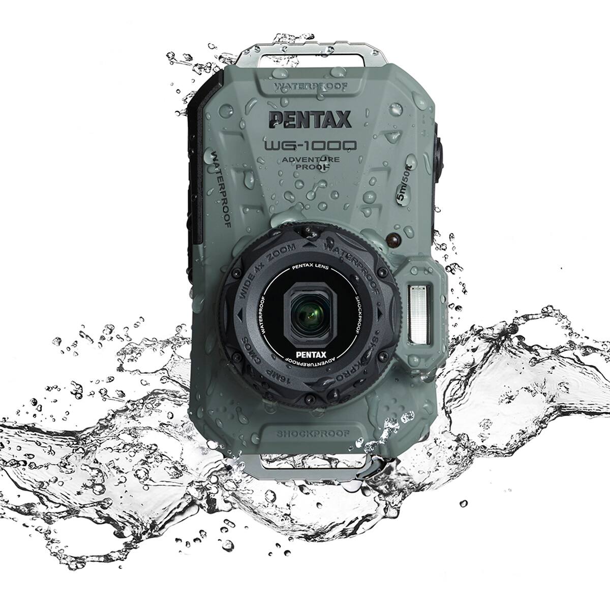 WATERPROOF PENTAX WG-1000 ADVENTURE PROOF WATERPROOF 5m/50ft ZOOM PENTAX LENS WATERPROOF XV WIDE WATERPROOF SHOCKPROOF CMOS ADVENTUREPROOF PENTAX OKPRO