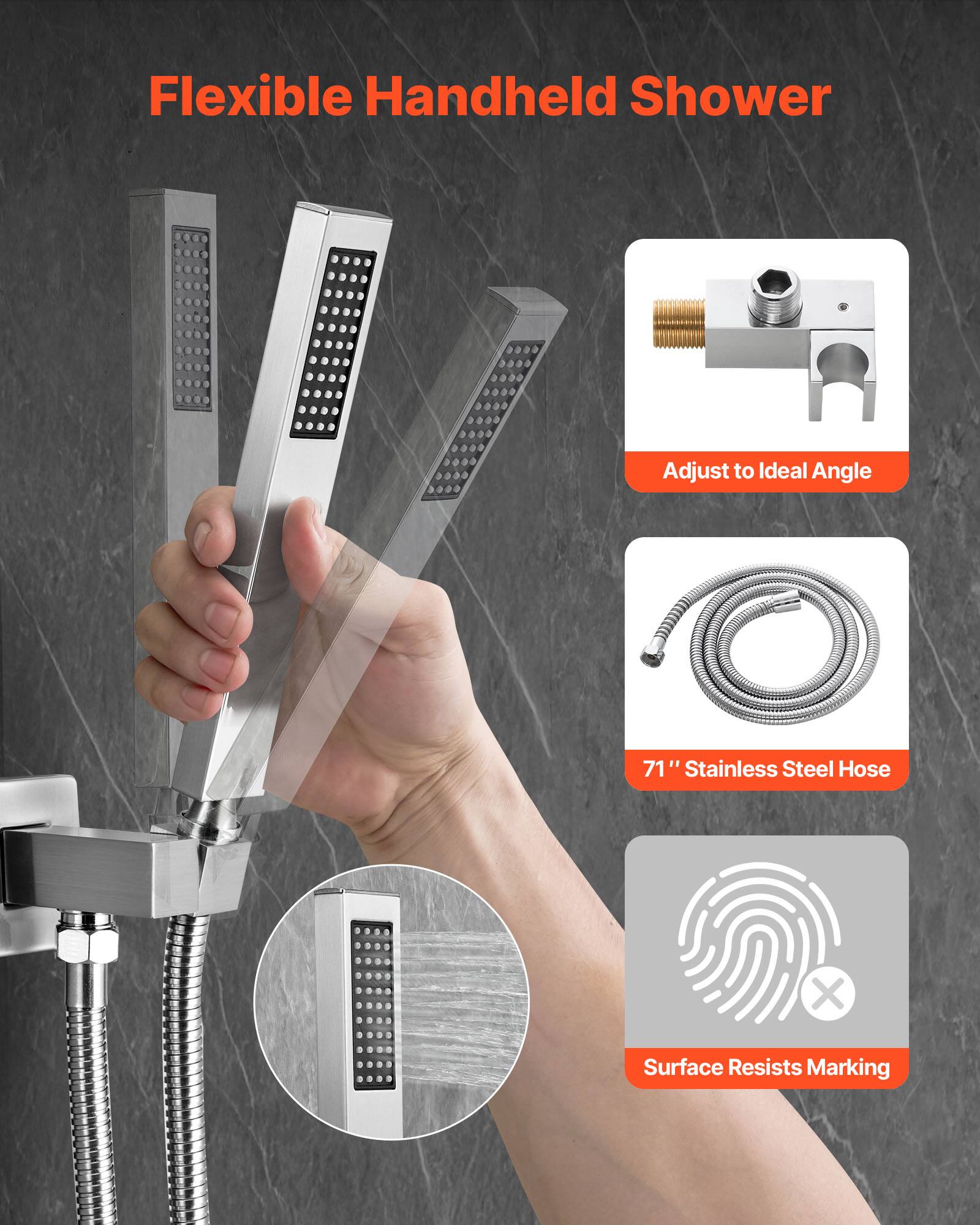 Flexible Handheld Shower, Adjust to Ideal Angle, 71" Stainless Steel Hose, Surface Resists Marking
