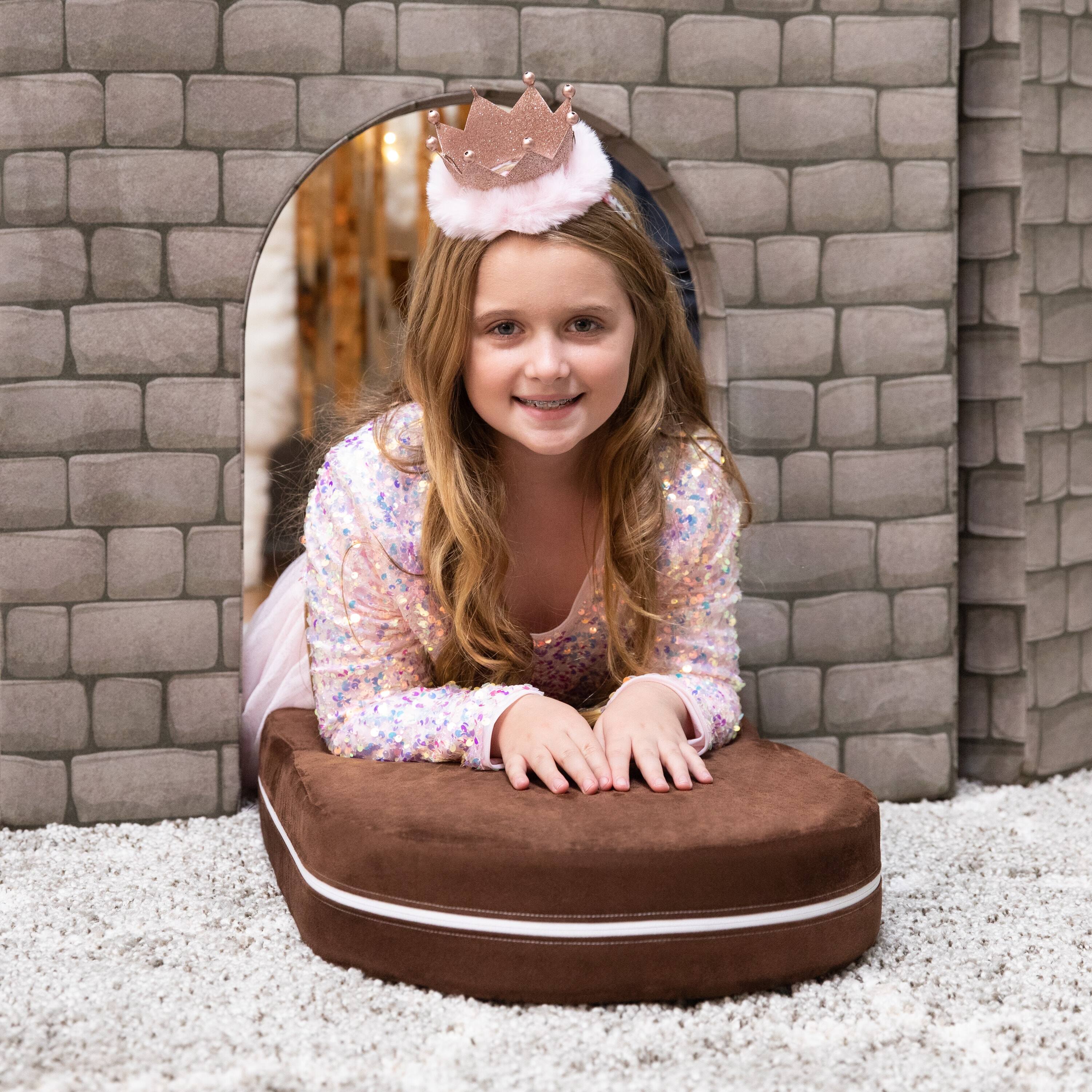 Left. Jaxx - Jaxx Zipline Playscape Castle Gate - Modular Playtime Furniture for Imaginative Kids - Prints, Stone/Chocolate - Stone/Chocolate.