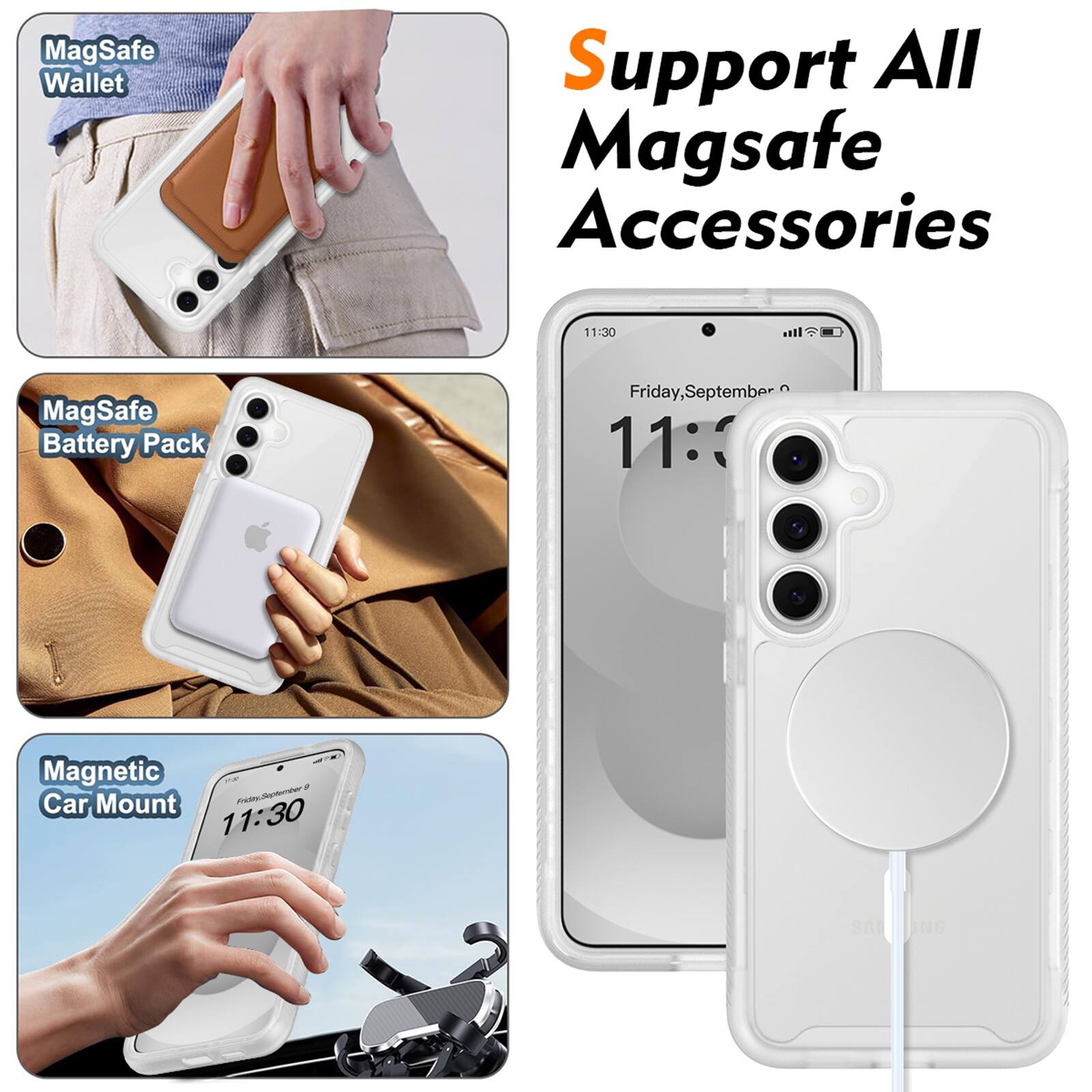 MagSafe Wallet  
Support All MagSafe Accessories  
11:30  
MagSafe Battery Pack  
Friday, September 9 11:30  
Magnetic Car Mount