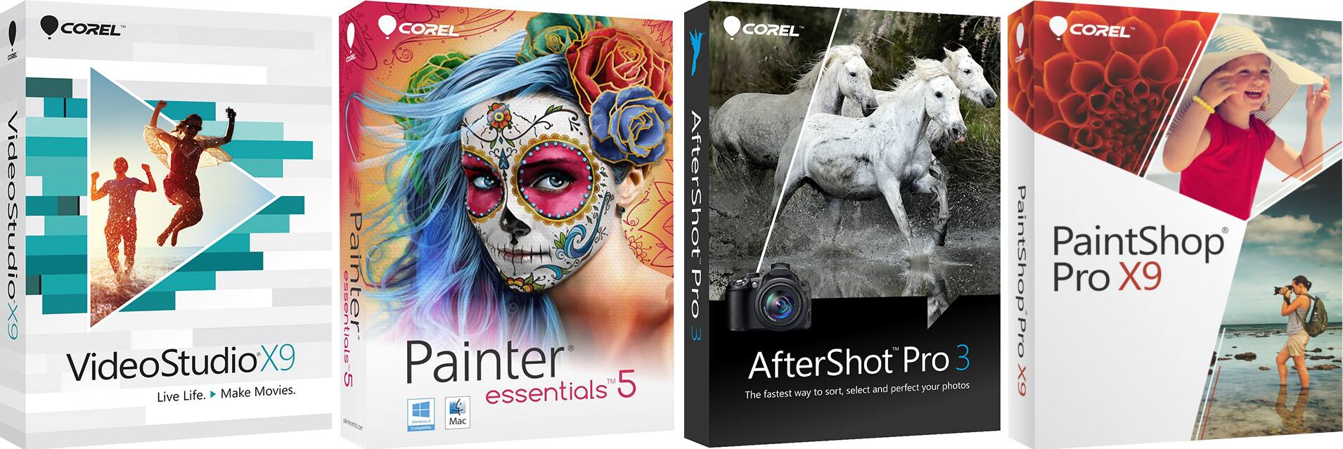 COREL VideoStudio X9  
Live Life. Make Movies.

COREL Painter essentials 5

COREL AfterShot Pro 3  
The fastest way to sort, select and perfect your photos

COREL PaintShop Pro X9