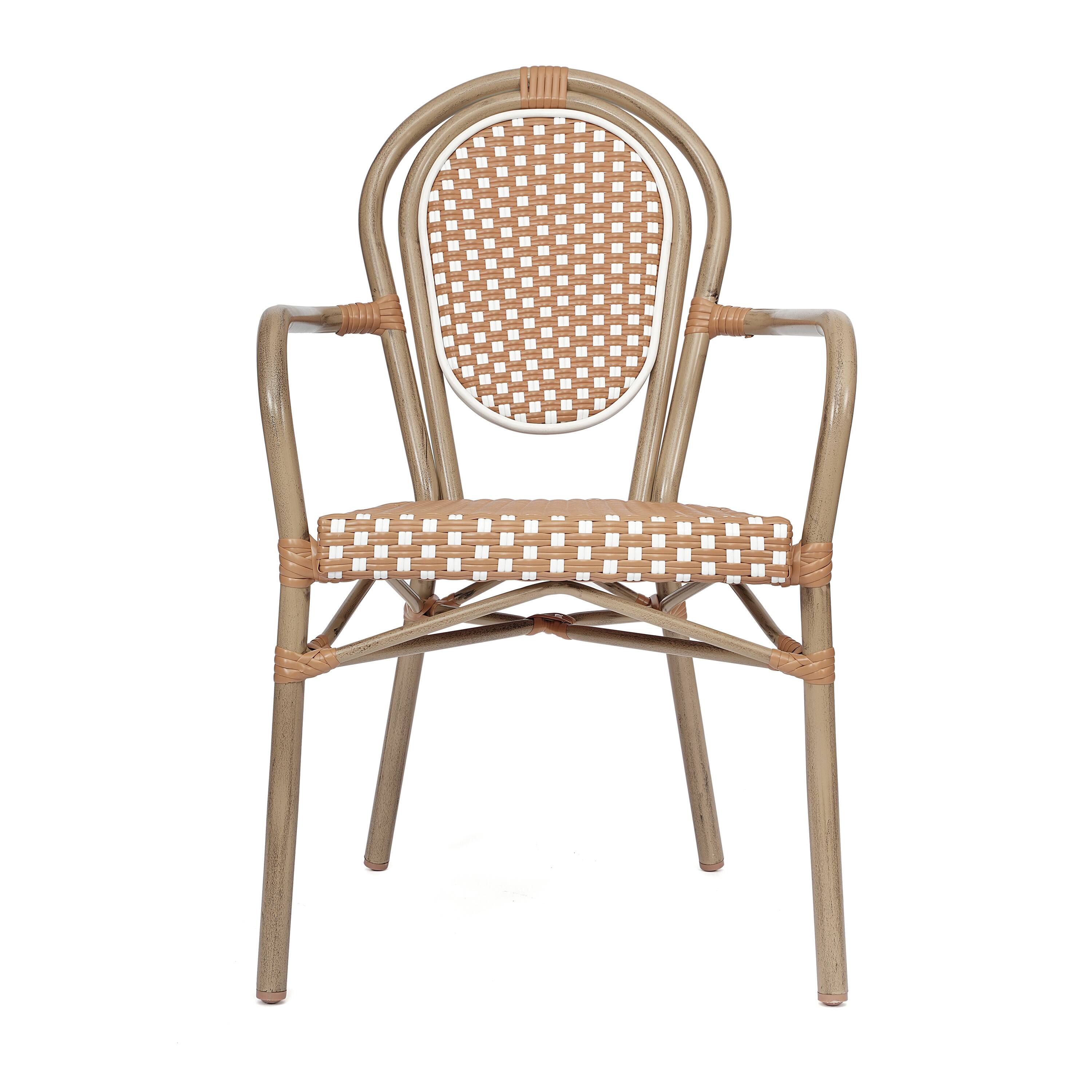 Alt View 8. Emma + Oliver - Colmar Indoor/Outdoor Stacking Thonet Bistro Style Chair with Arms, PE Rattan Seat and Finished Metal Frame - Natural & White/Light Natural Frame.