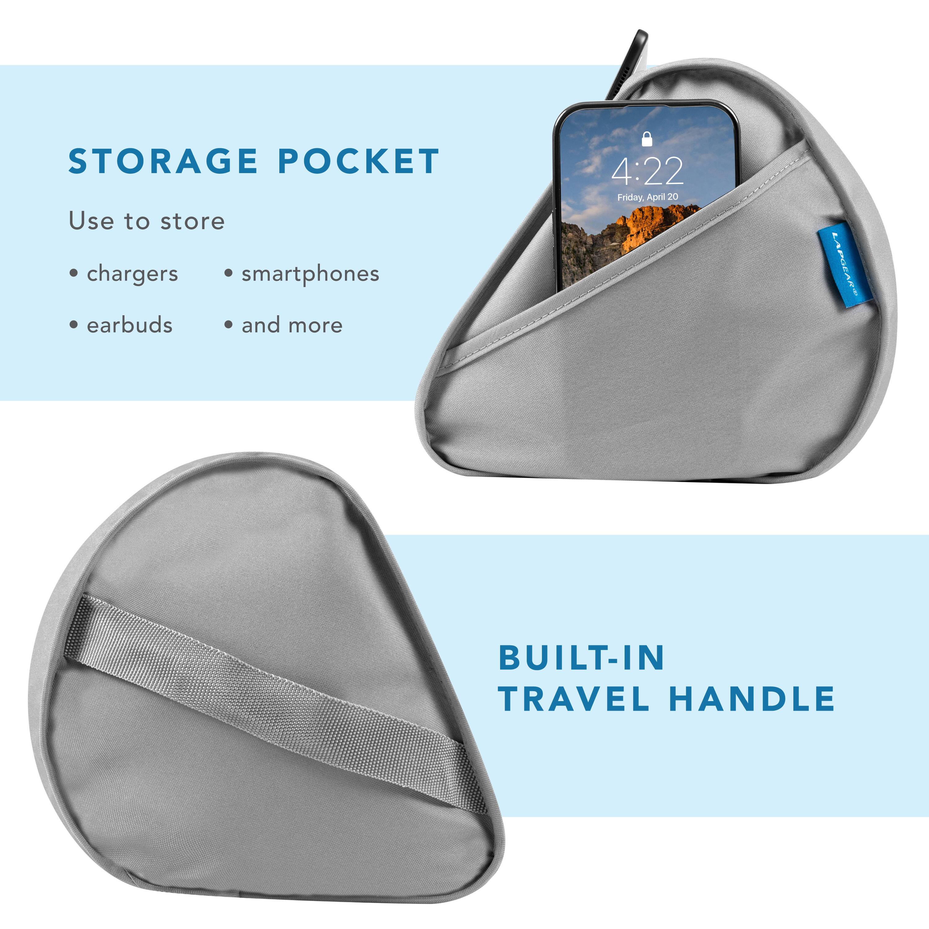 STORAGE POCKET  
Use to store  
- chargers  
- smartphones  
- earbuds  
- and more  

4:22  
Friday, April 20  

BUILT-IN TRAVEL HANDLE