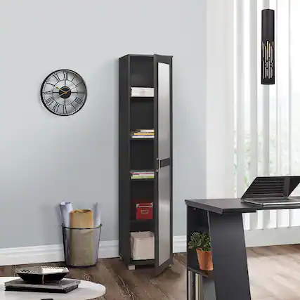 Front. Kings Brand Furniture - Kings Brand Furniture Romero Tall Curio Storage Cabinet Tall Bookshelf Perfect for Living Room, Kitchen Bedroom & Office - Black.