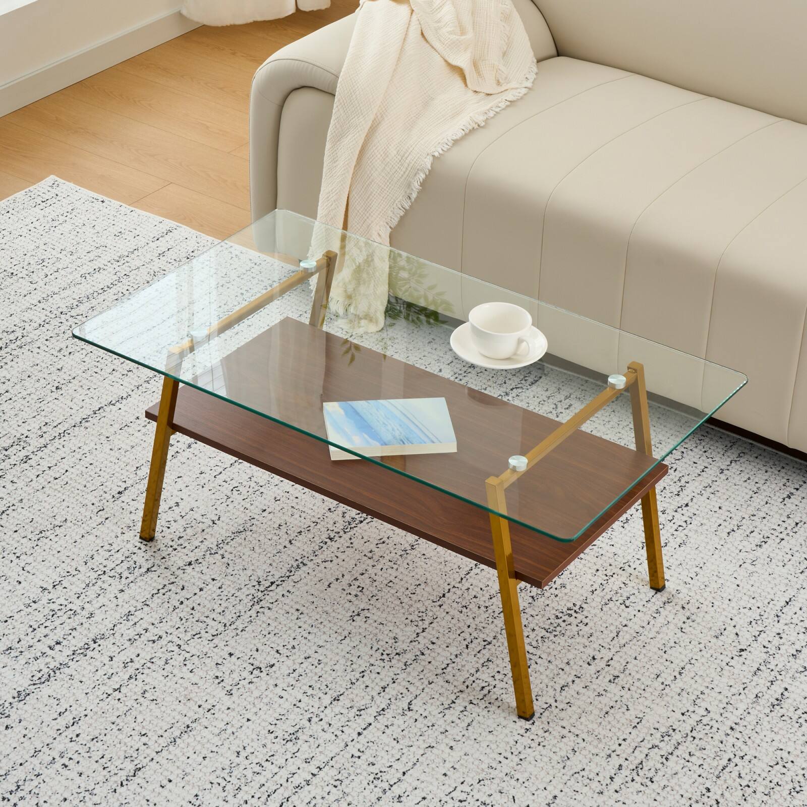 Alt View 7. Ecooso - Rectangle Coffee Table with Tempered Glass top and White Metal Legs, Modern Table for Living Room - Transparent.