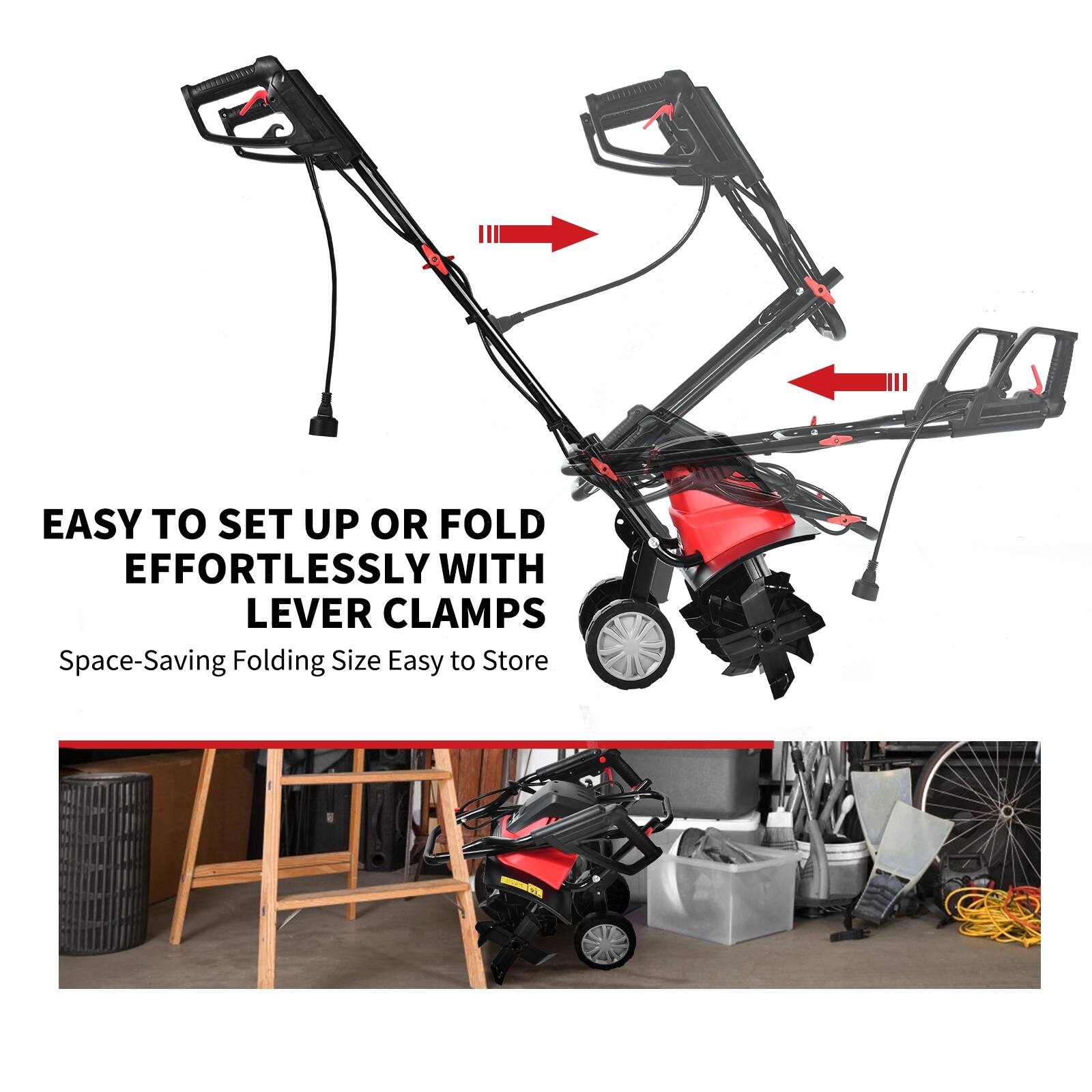 EASY TO SET UP OR FOLD EFFORTLESSLY WITH LEVER CLAMPS  
Space-Saving Folding Size Easy to Store