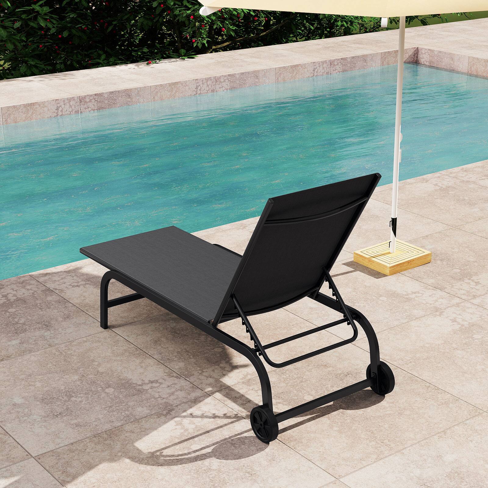 Alt View 1. Gymax - Gymax Outdoor Chaise Lounge Chair Set w/Wheels 6-Position Recliner w/ 180-Degree Full Flat - Black.
