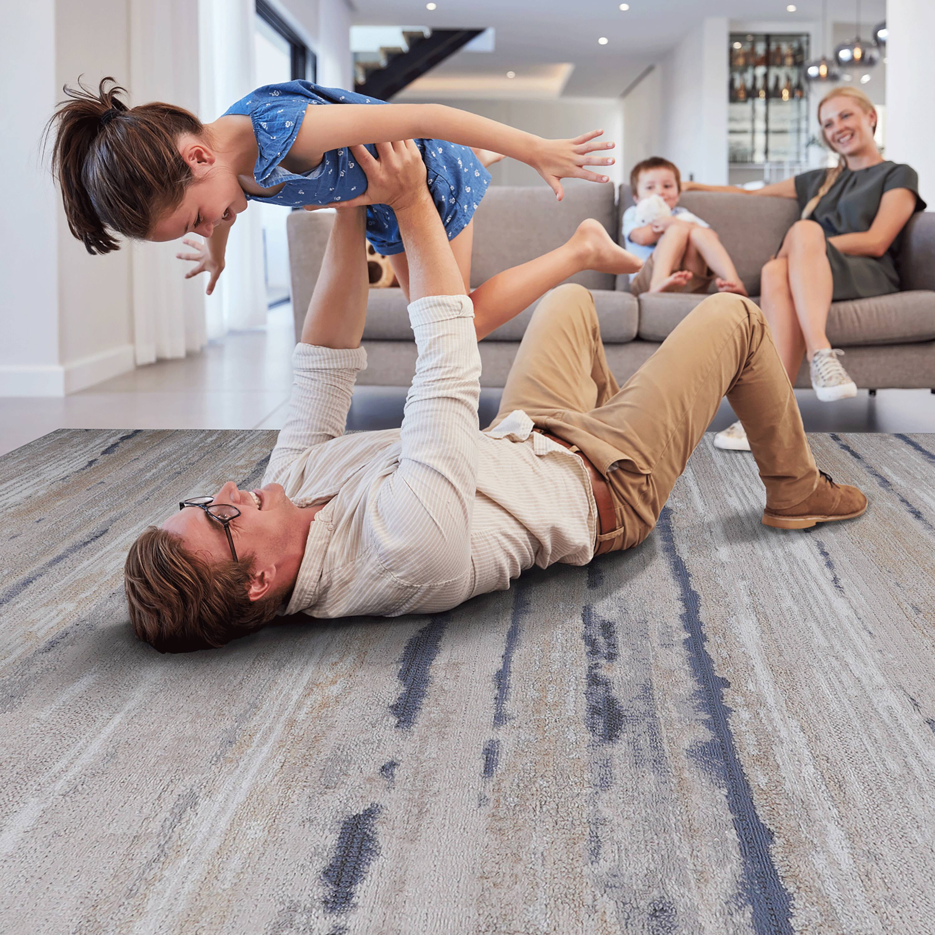 Left. TinyHomie - Collection 8X10 Ivory/Blue/Striped Non-Shedding Living Room Bedroom Dining Office Stylish and Stain Resistant Area Rug - Ivory.