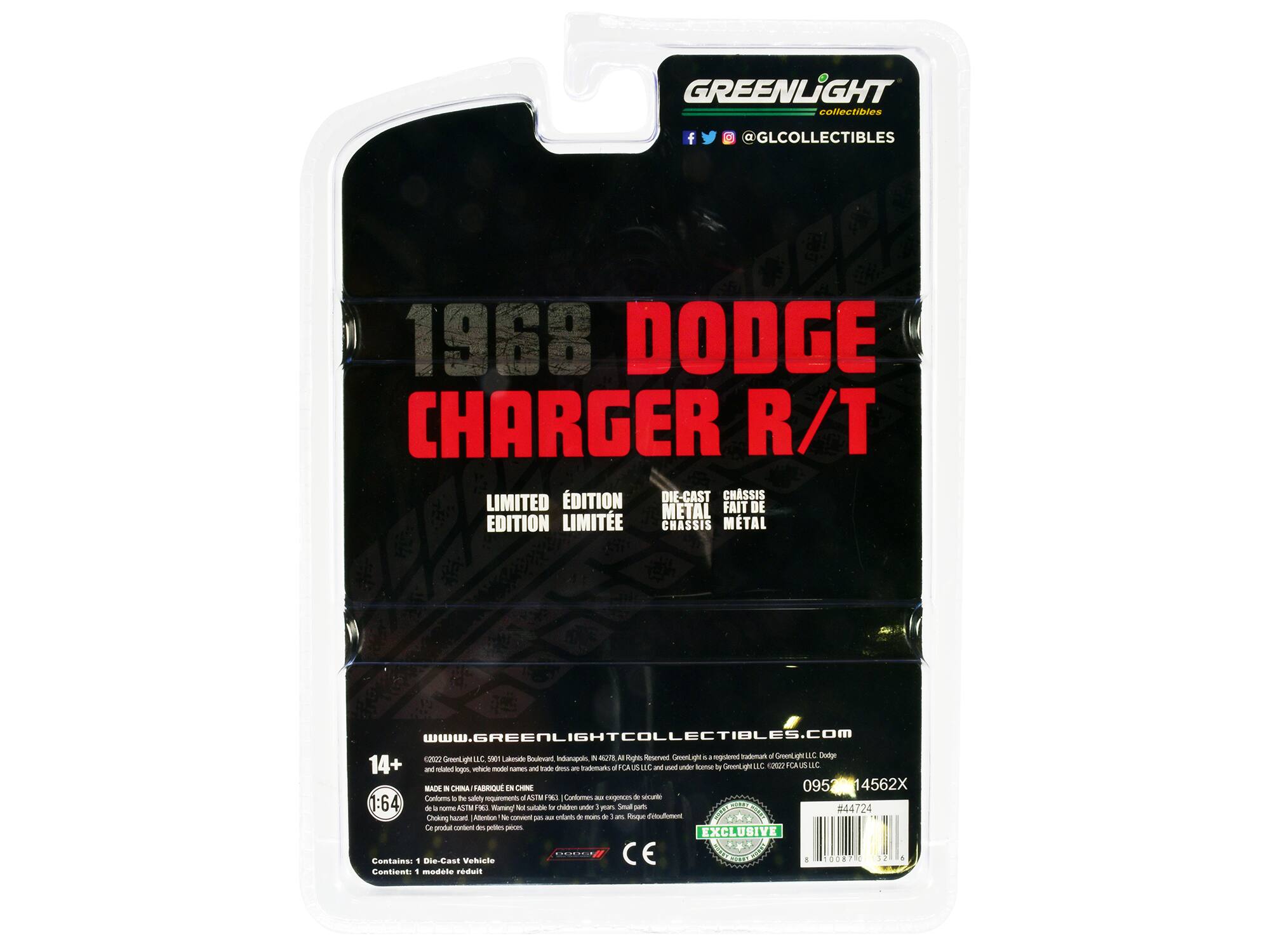 GREENLIGHT collectibles  
@GLCOLLECTIBLES  

1968 DODGE CHARGER R/T  
LIMITED EDITION  
DIE-CAST CHASSIS  
METAL  

WWW.GREENLIGHTCOLLECTIBLES.COM  

MADE IN CHINA / FABRIQUÉ EN CHINE  

Contains: 1 Die-Cast Vehicle  
Contient: 1 modèle réduit  

14+  
1:64  

#14562X  
#4724  

EXCLUSIVE
