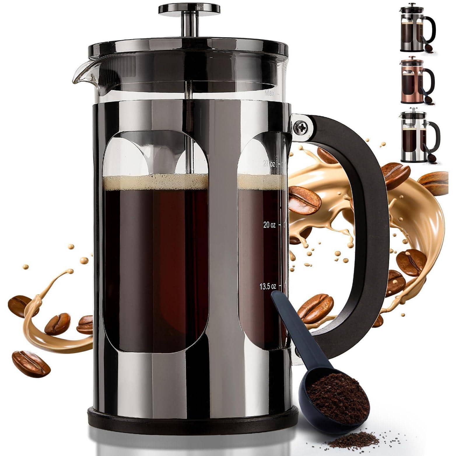 Dapper Styles - Press Coffee Maker 304 Stainless Steel Cold Brew Heat Resistant Thickened Borosilicate Pot For Camping Trav - Dark Pewter-34 oz
