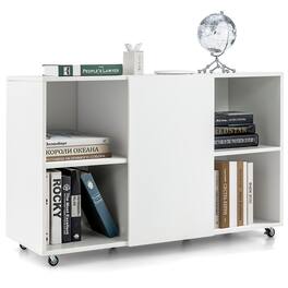 Gymax - 3-Tier Wood Bookcase 6 Cube Bookshelf w/ Door Wheels Display Cabinet - White