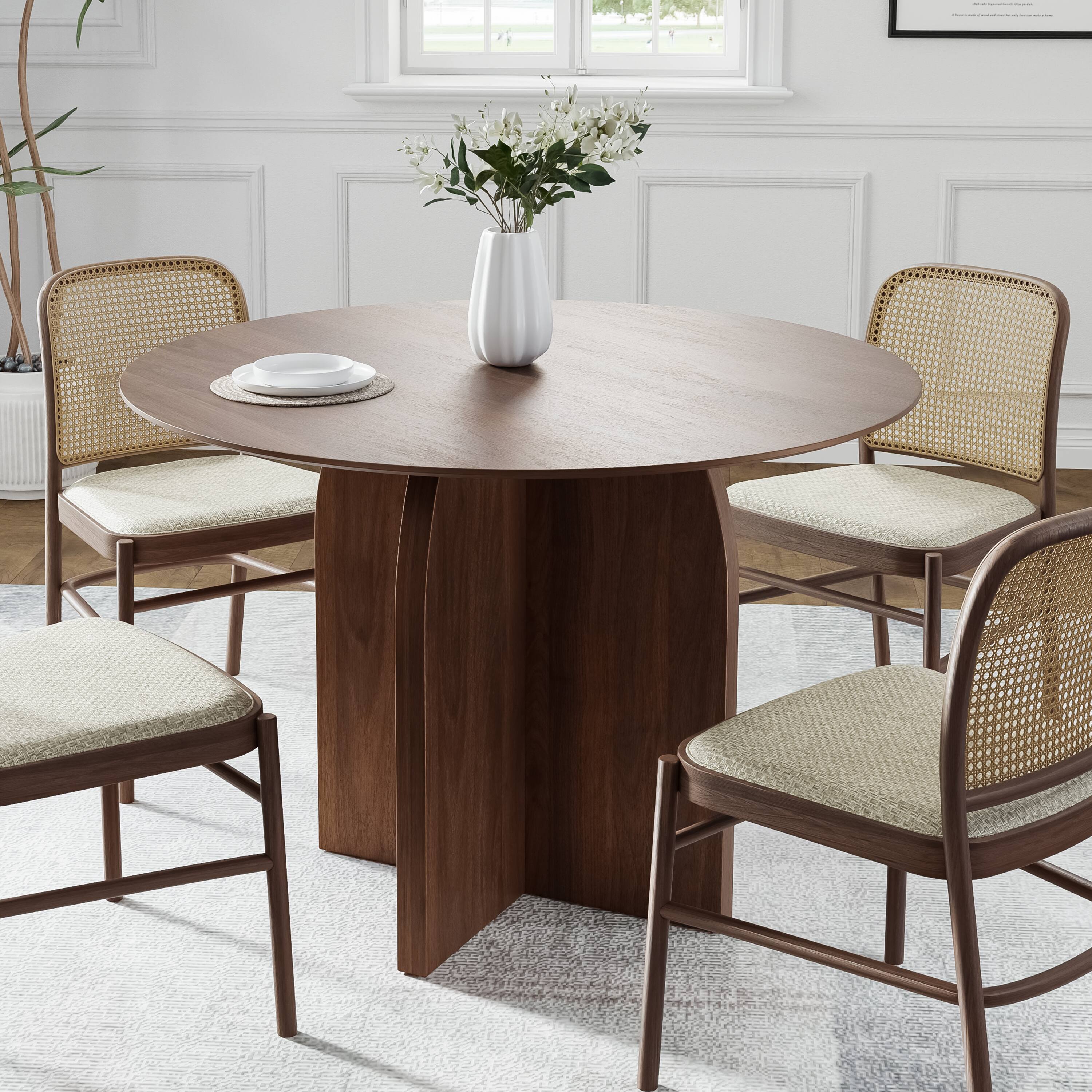 Alt View 4. PexFix - Minimalist Farmhouse Round Solid Oak 42 in. W Arched Cross Legs Kitchen & Dining Table Seats 4 - Walnut.