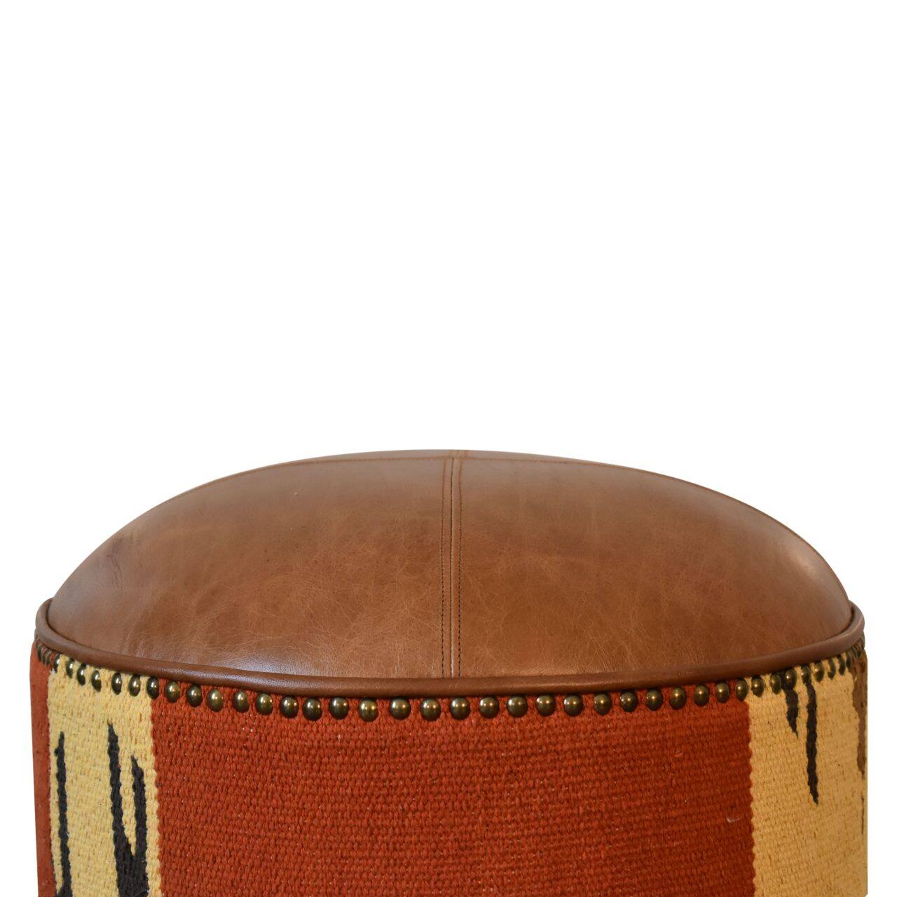 Alt View 1. Artisan Furniture - Artisan Furniture Solid Wood Durrie & Leather Mixed Footstool - Brown.