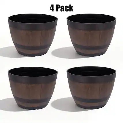 Front. Vecelo - Set Of 3 Rustic Whiskey Barrel Style Plant Pot with Drainage Holes and Saucer for Indoor Outdoor Garden Decor.