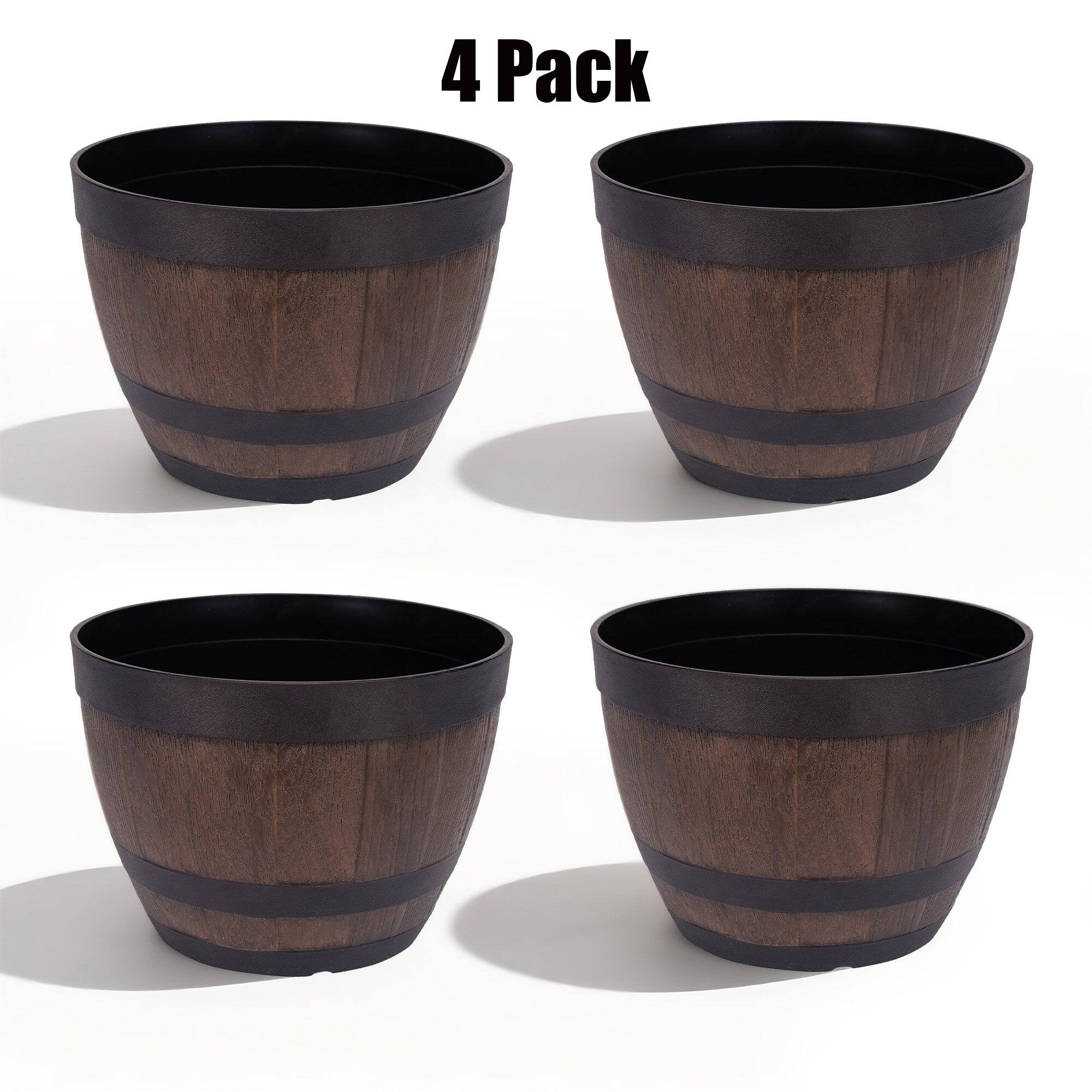 Front. Vecelo - Set Of 3 Rustic Whiskey Barrel Style Plant Pot with Drainage Holes and Saucer for Indoor Outdoor Garden Decor.