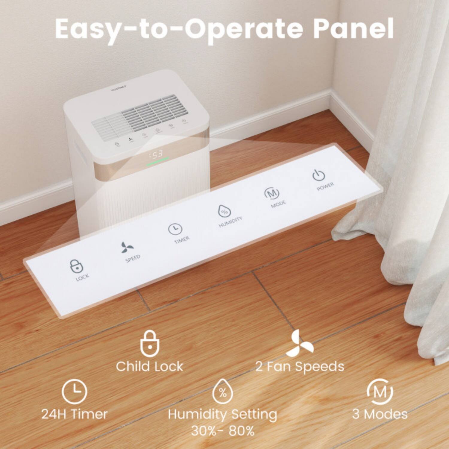 Easy-to-Operate Panel

- Child Lock
- 2 Fan Speeds
- 24H Timer
- Humidity Setting 30%-80%
- 3 Modes
- LOCK
- SPEED
- TIMER
- HUMIDITY
- MODE
- POWER