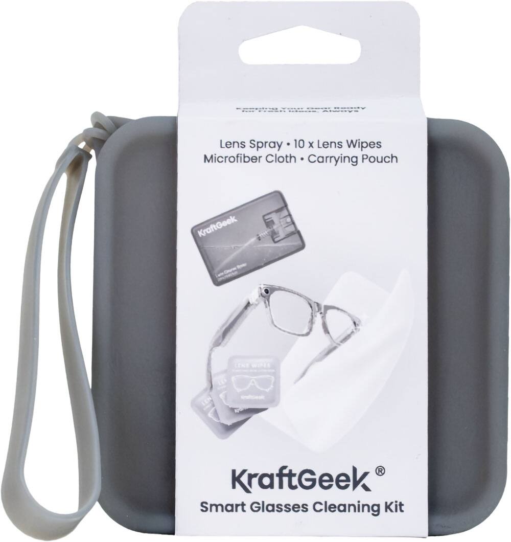 KraftGeek Smart Glasses Cleaning Kit

Lens Spray • 10 x Lens Wipes
Microfiber Cloth • Carrying Pouch