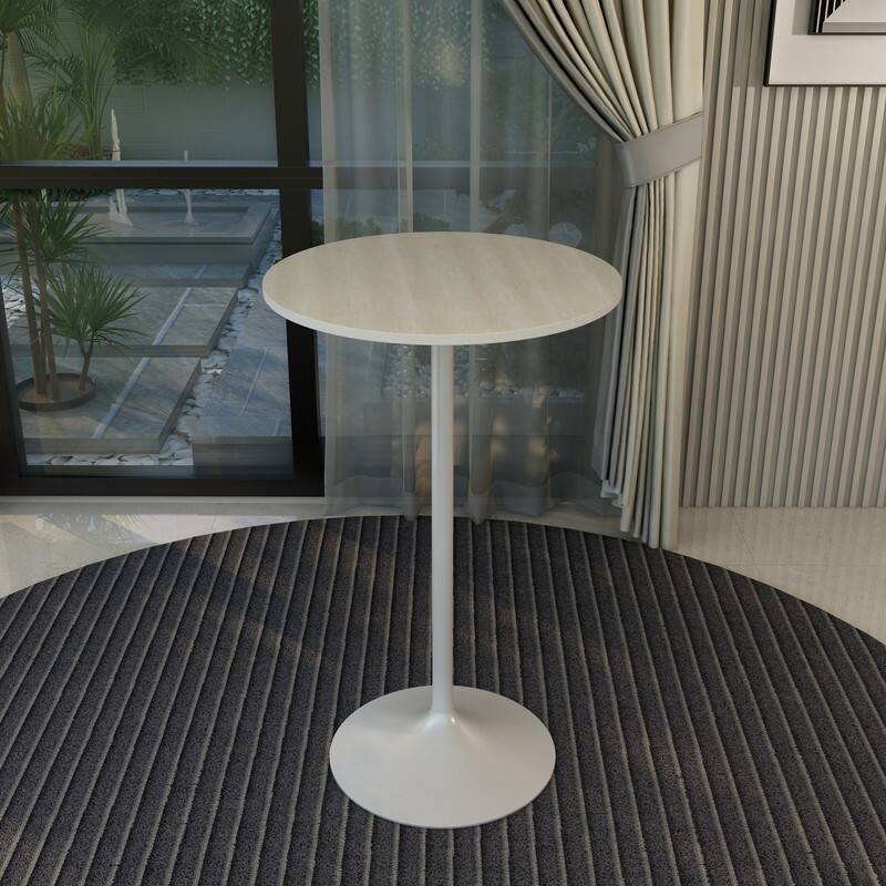 Angle. LeisureMod - Verve 27 Inch Round Bar Height Table with MDF Top and White Base, Modern Small Bistro Pub Accent Table - Light Natural Wood.
