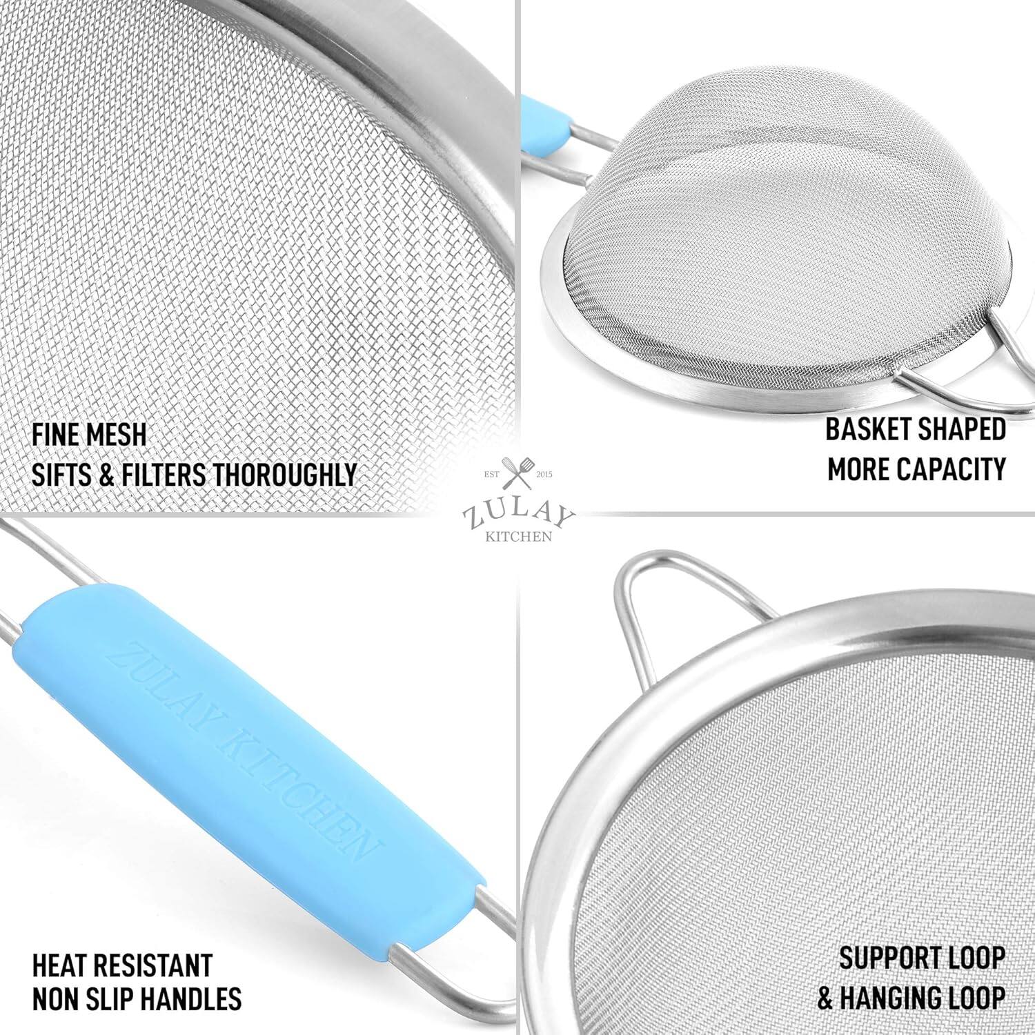 - Fine mesh sifts & filters thoroughly
- Basket shaped more capacity
- Heat resistant non slip handles
- Support loop & hanging loop