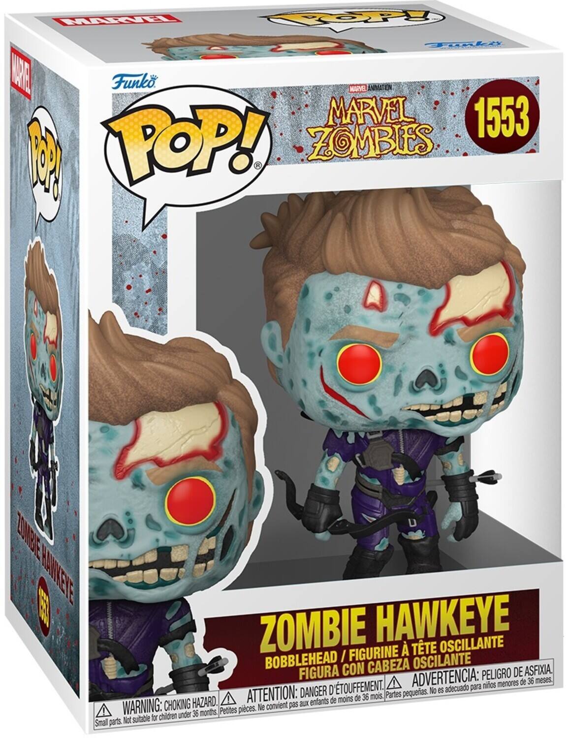 Sure, here is the corrected and grouped text from the image:

---

**MARVEL ANIMATION**  
**MARVEL ZOMBIES**  
**1553**

**ZOMBIE HAWKEYE**  
**BOBBLEHEAD / FIGURINE À TÊTE OSCILLANTE / FIGURA CON CABEZA OSCILANTE**

**WARNING: CHOKING HAZARD.**  
**ATTENTION: DANGER D'ÉTOUFFEMENT.**  
**ADVERTENCIA: PEOR DE ASFIXIA.**  
**Not suitable for children under 36 months.**  
**Ne convient pas aux enfants de moins de 36 mois.**  
**No es adecuado para niños menores de 36 meses.**

---

This text includes the product name, series, and safety warnings as shown on the packaging.