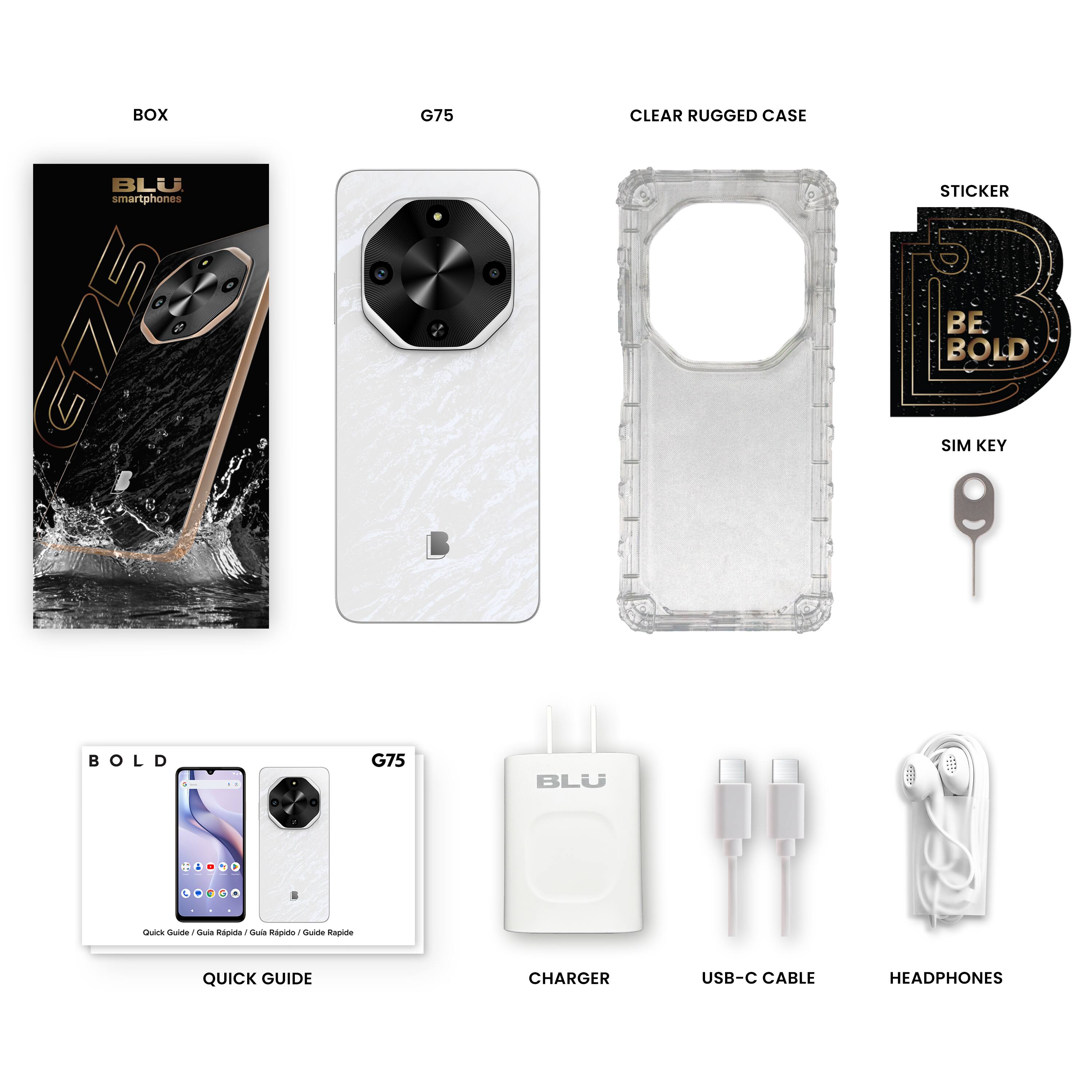 BOX BLU smartphones G75 G75 CLEAR RUGGED CASE STICKER BE BOLD SIM KEY B L D G75 BLU - - Crs  Cia Rapida Sa Rapido - Rapide QUICK GUIDE CHARGER USB-C CABLE HEADPHONES